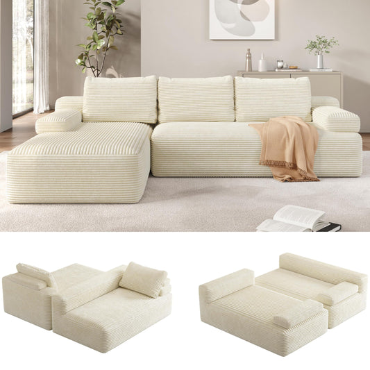 Yaheetech 110" Modular Sectional Sofa Corduroy Boneless Couch with Chaise L-Shape Cloud Couch with Detachable Pillows No Assembly Sofa for Living Room, Beige