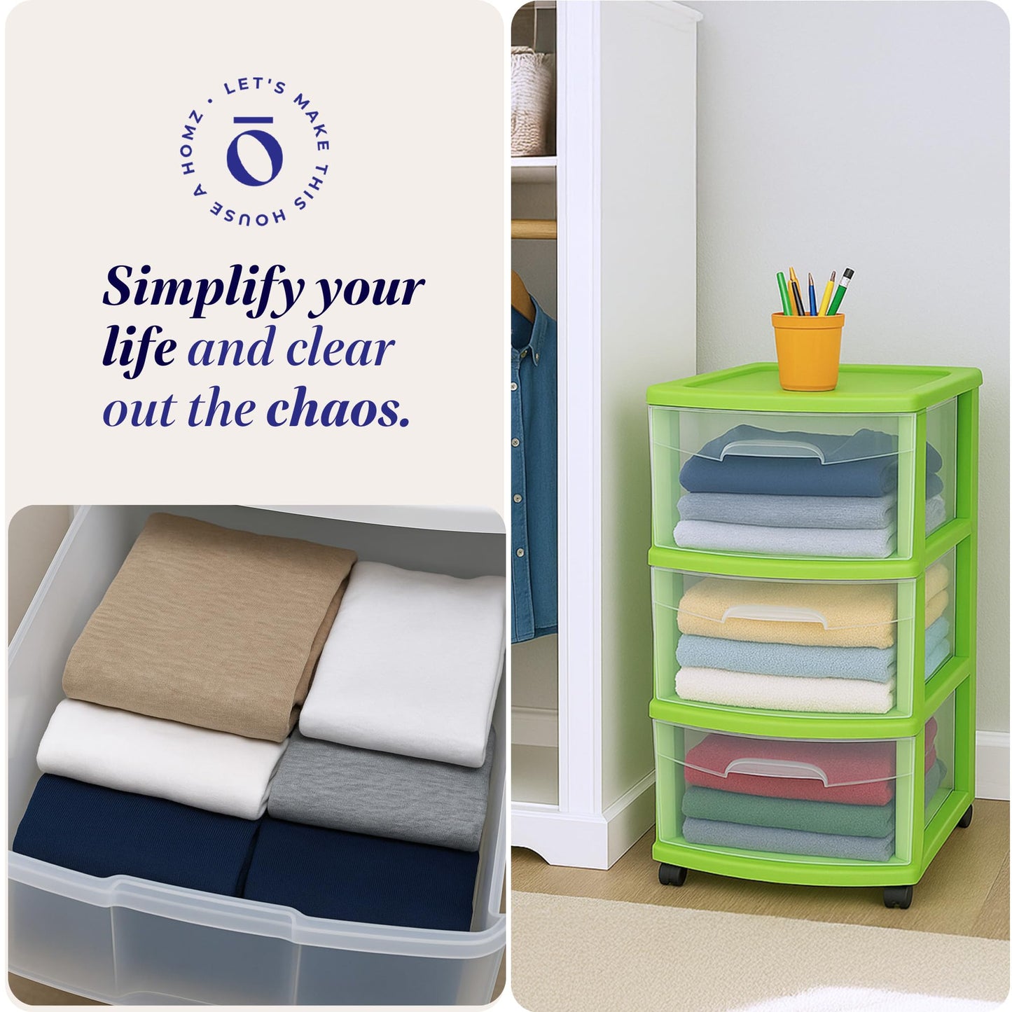 HOMZ Drawer Tower, 3-Tier Clear Plastic Storage Organizer Cart, Bold Lime Frame - Rolling Drawer Containers with Wheels for Bathroom, Bedroom, Office, and Classroom Organization