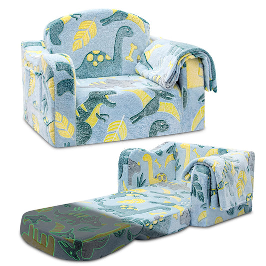 Airpanda Comfy Kids Chair and Couch with Blanket,2-in-1 Soft Fold Out Couch for Girls and Boys,Convertible Sofa Chair for Playroom, Green Dinosaur