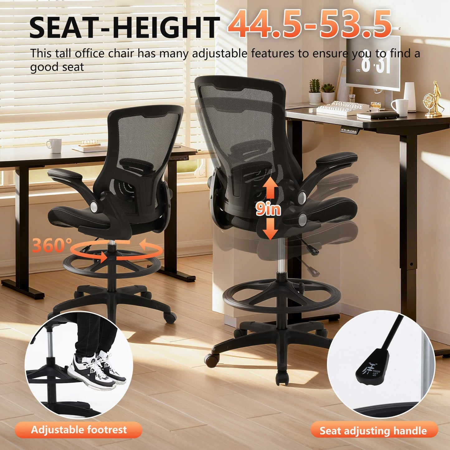 BestOffice Drafting Chair Ergonomic Tall Office Chair Standing Desk Chair with Flip Up Arms Foot Rest Back Support Adjustable Height Mesh Drafting Stool, Dark Black