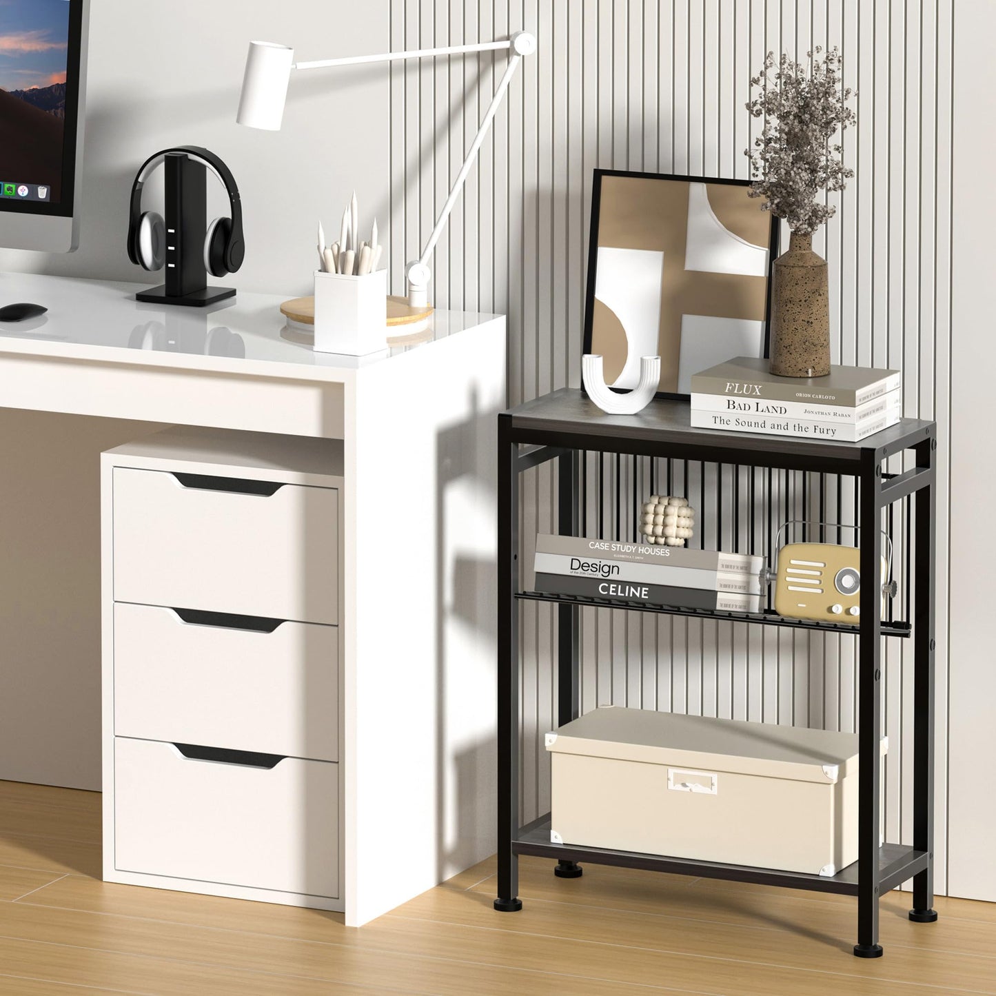 Lifenite Side Table for Small Spaces, Narrow End Table with Magazine Holder, 2 in 1 Design Slim Side Table, Skinny Nightstand for Living Room Bedroom, Thin Side Magazine Table, Grey