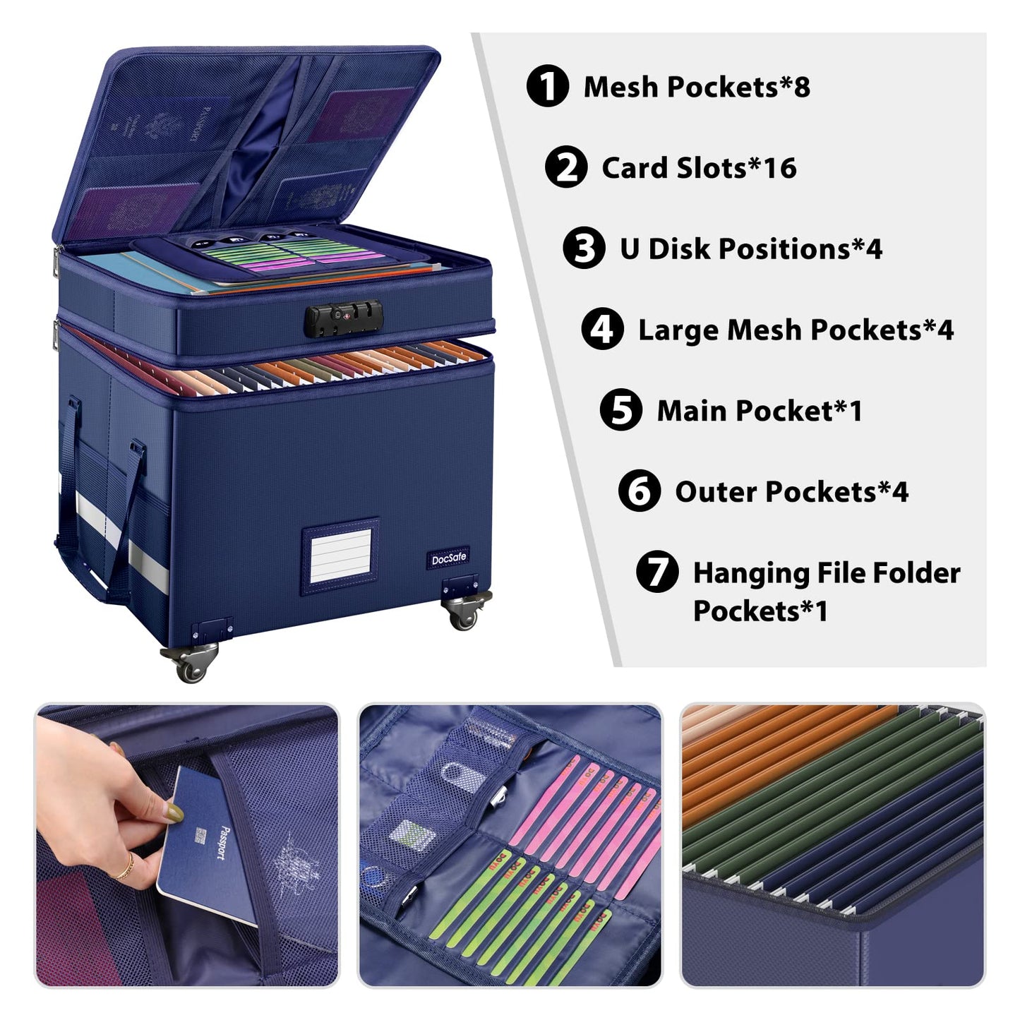 DocSafe File Box with Lock, 2-Layer Fireproof Document Box with Wheels,Collapsible File Storage Organizer with Pockets,Large Portable Office Filing Cabinet Hanging Folders,Blue,16''x13.8''x12.2''