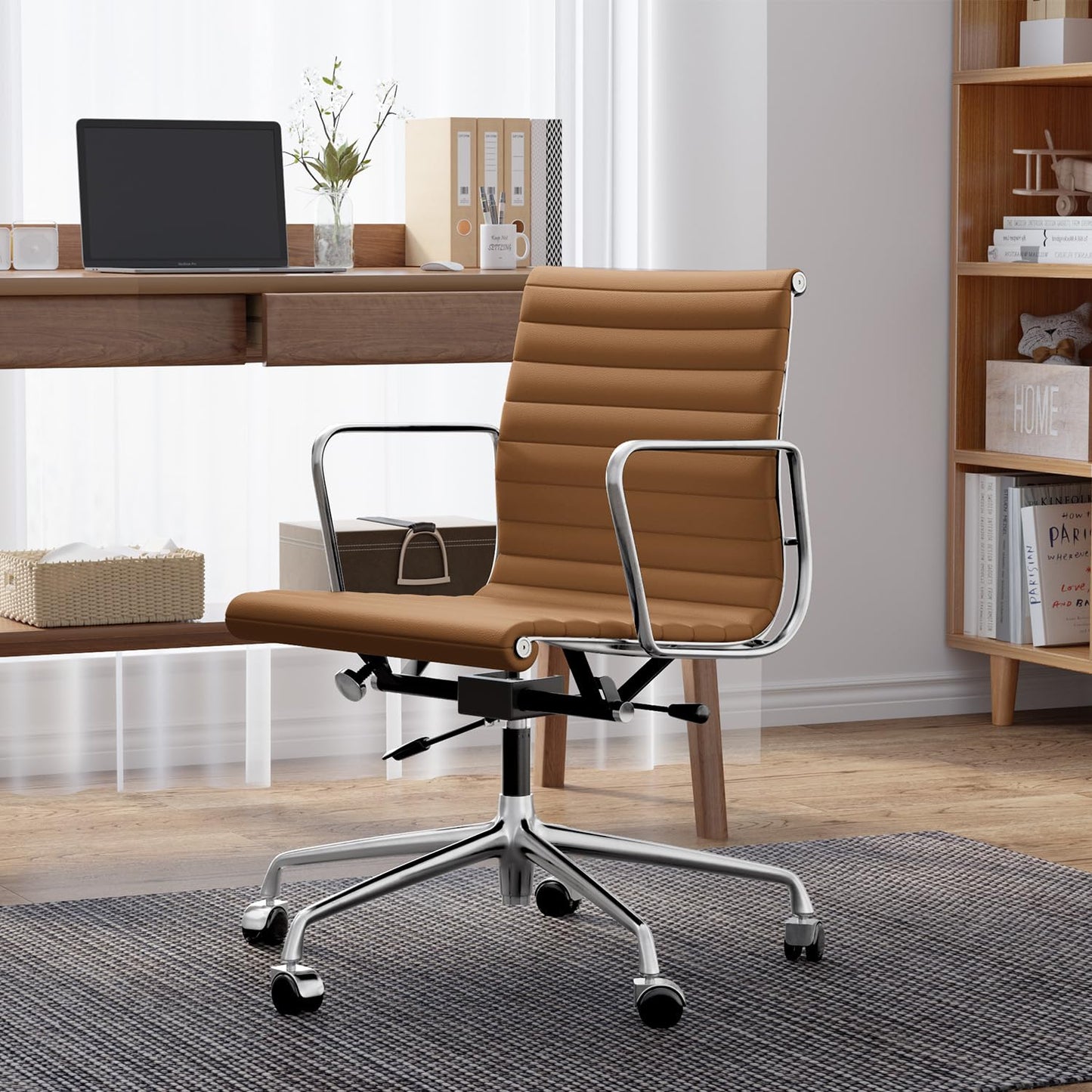 OTDMEL Ribbed Office Chair with Top Grain Leather - Mid Back Ergonomic Desk Chair with Aluminum Arms & Frame, Swivel Wheels & Tilt Function, Adjustable Height Light Brown, Mid-Back