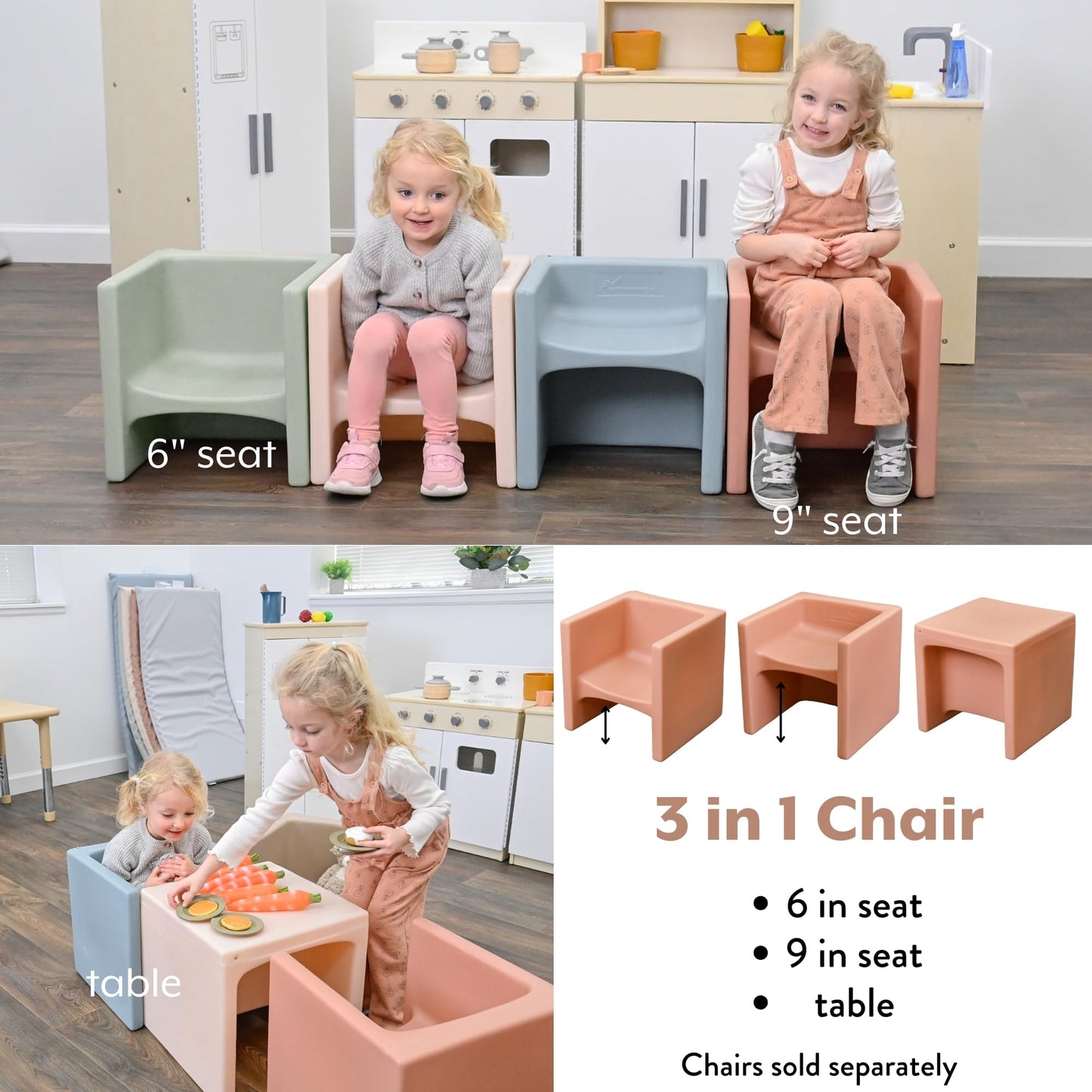 Children's Factory 3-in-1 Cube Chair for Kids, Flexible Seating Classroom Furniture, 1-Pack, Clay