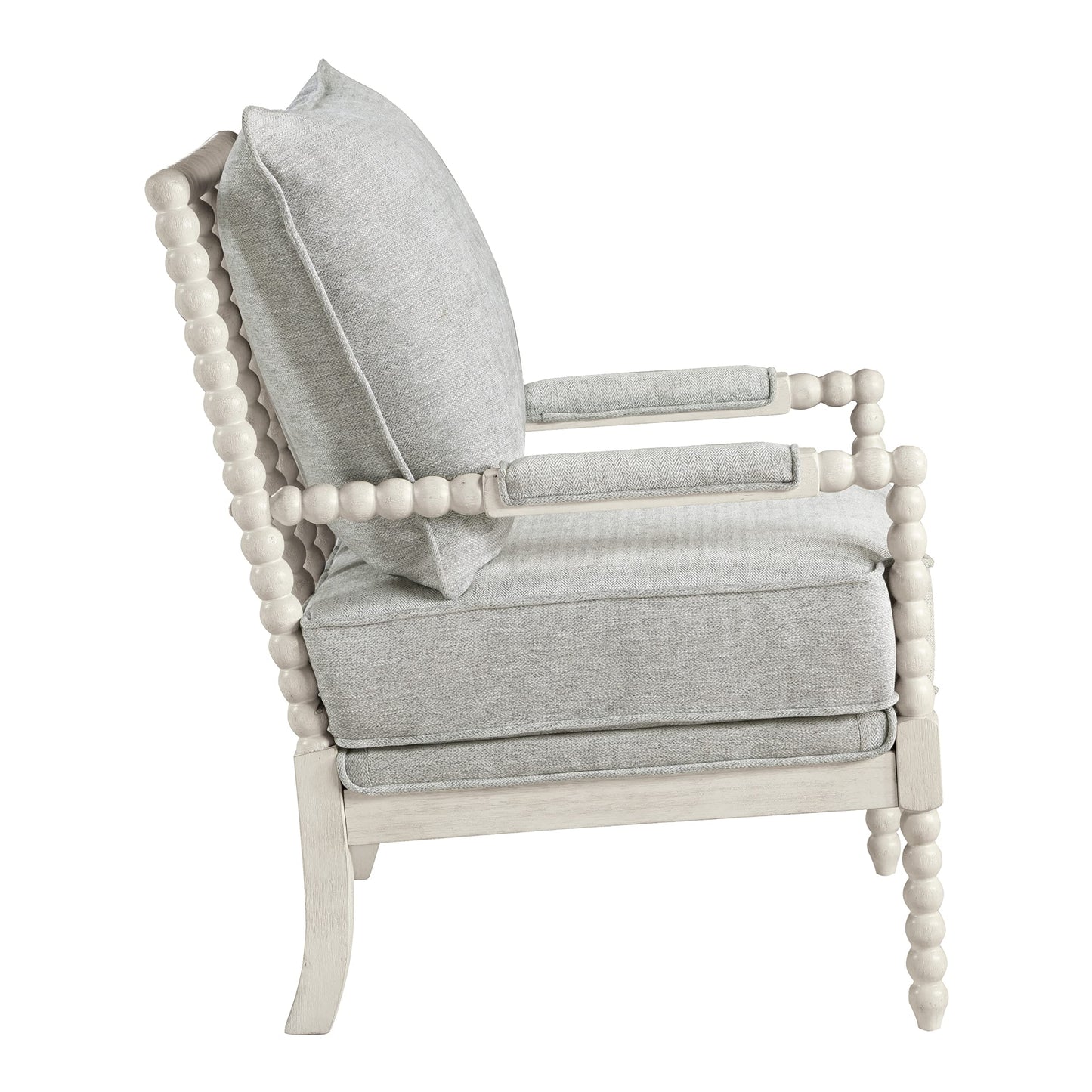 OSP Home Furnishings Kaylee Spindle Accent Chair with Antique White Wood Frame, Smoke Grey Fabric