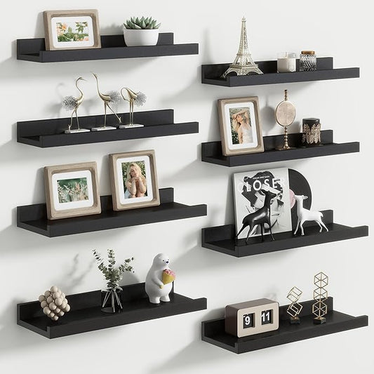 Floating Picture Ledge Shelves Set of 8, 16 Inch Solid Wood Wall Shelves