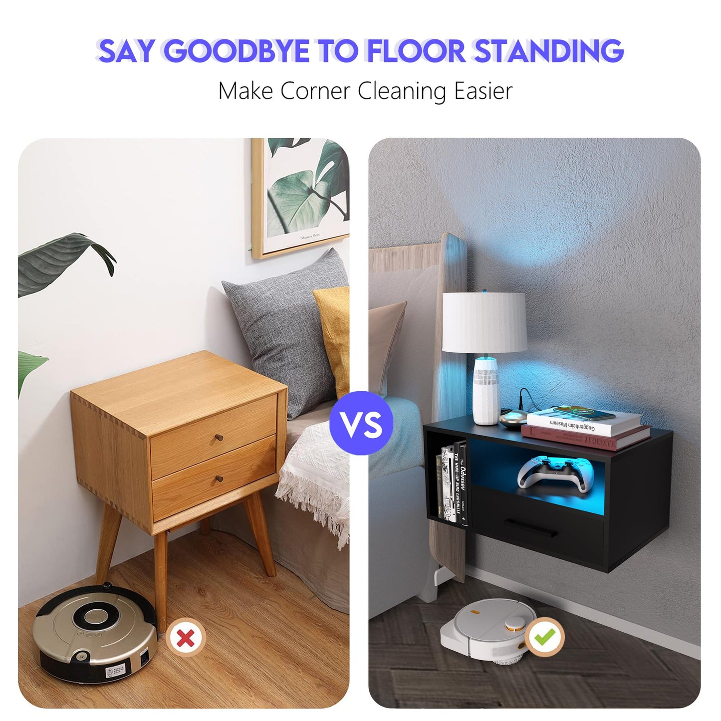 Homaterial Floating Nightstand with Charging Station and LED Lights, Floating Bedside Table with Drawers Wall Mounted Nightstands,for Bedroom Room, 21.3" x 11.8" x 10",Black