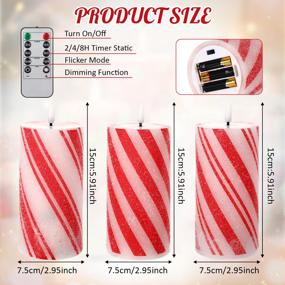 Glooglitter Set of 3 Christmas Flameless LED Candle Frosting Candy Cane Stripe Holiday Pillar Taper Moving Candles Battery Operated Flame Candle with Remote Control for Home Xmas Wedding Decoration