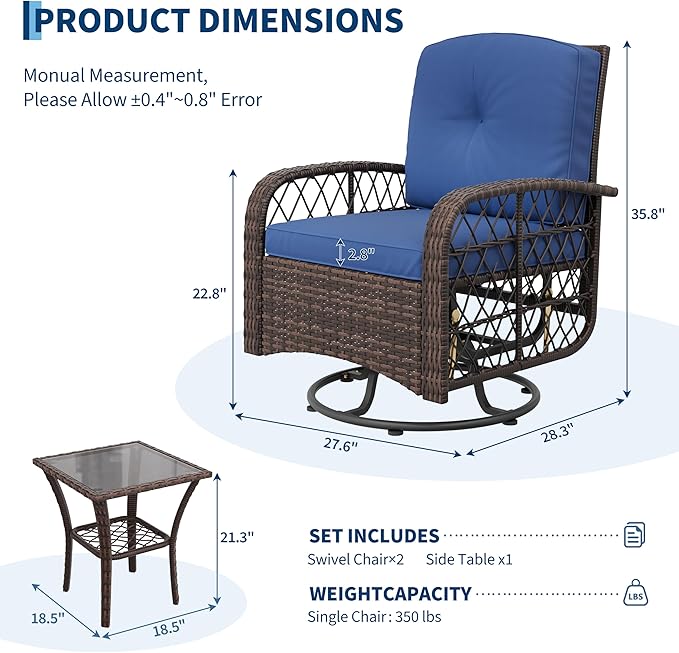 3-Piece Patio Furniture Set, 2 Swivel Rocking Chairs