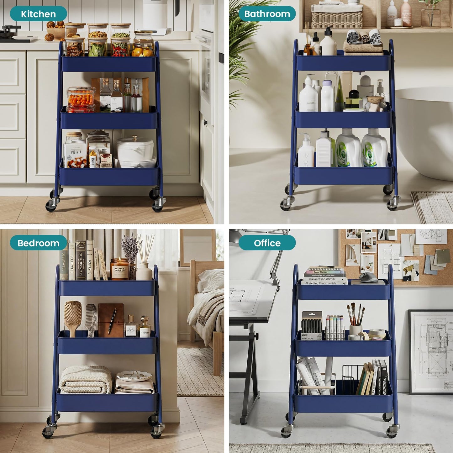 NEWBULIG 3-Tier Metal Rolling Cart with Lockable Wheels, Heavy Duty Mobile Utility Storage Shelf, Roller Book Snack Cart, Organization for Livingroom, Bathroom, Office, Blue