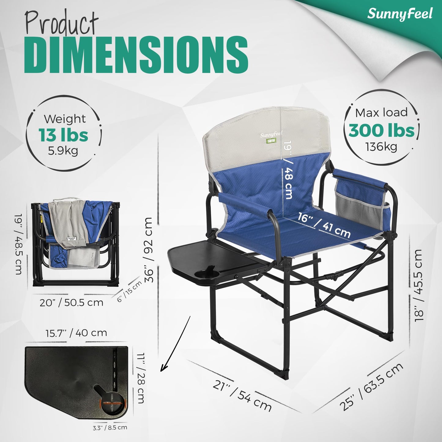 SUNNYFEEL Oversized Camping Directors Chair 2 Pack, Portable Folding Lawn Chairs for Adults Heavy Duty with Side Table,Pocket for Beach, Fishing,Picnic,Concert Outdoor, Foldable Camp Chairs