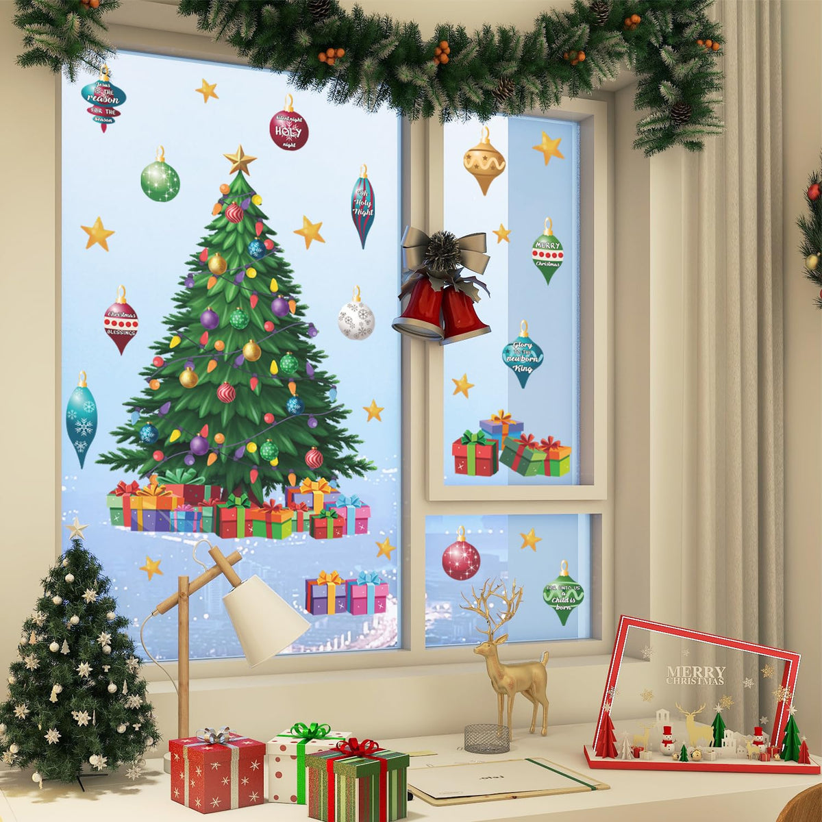 IARTTOP Large Christmas Tree Wall Decals Xmas Bell Winter Holiday Window Clings Bible Verse Wall Stickers Christmas Christian Decor Decal Xmas Decoration for Home Party Living Room Glass