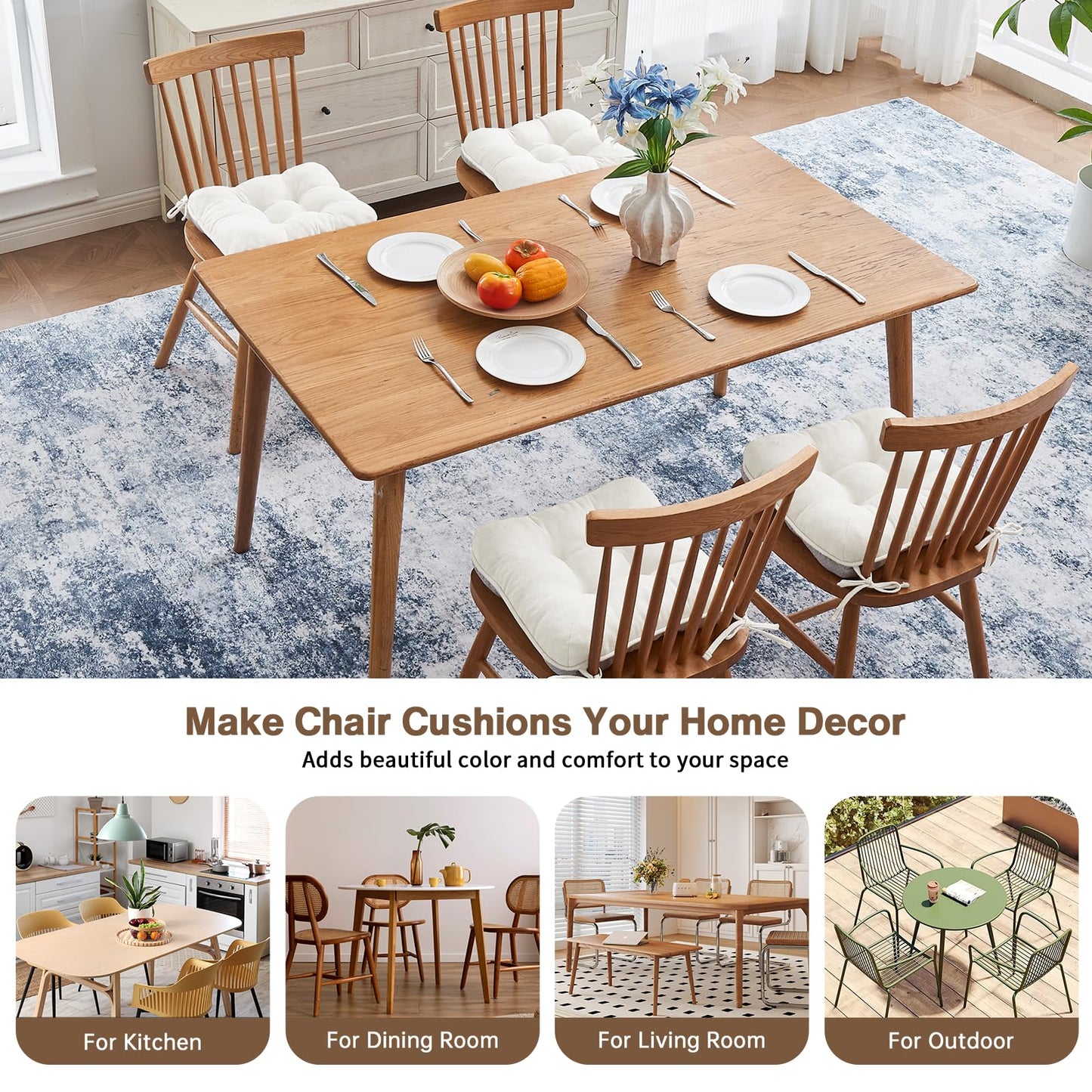 BETU White Chair Cushions for Dining Chairs Set of 4,3.5" Thick Kitchen Table Chair Pads with Ties,Non Slip Backing and Covers, Seat Cushion for Dining Room,Bar,Patio Chairs,15.5"X15.5"X3.5",White
