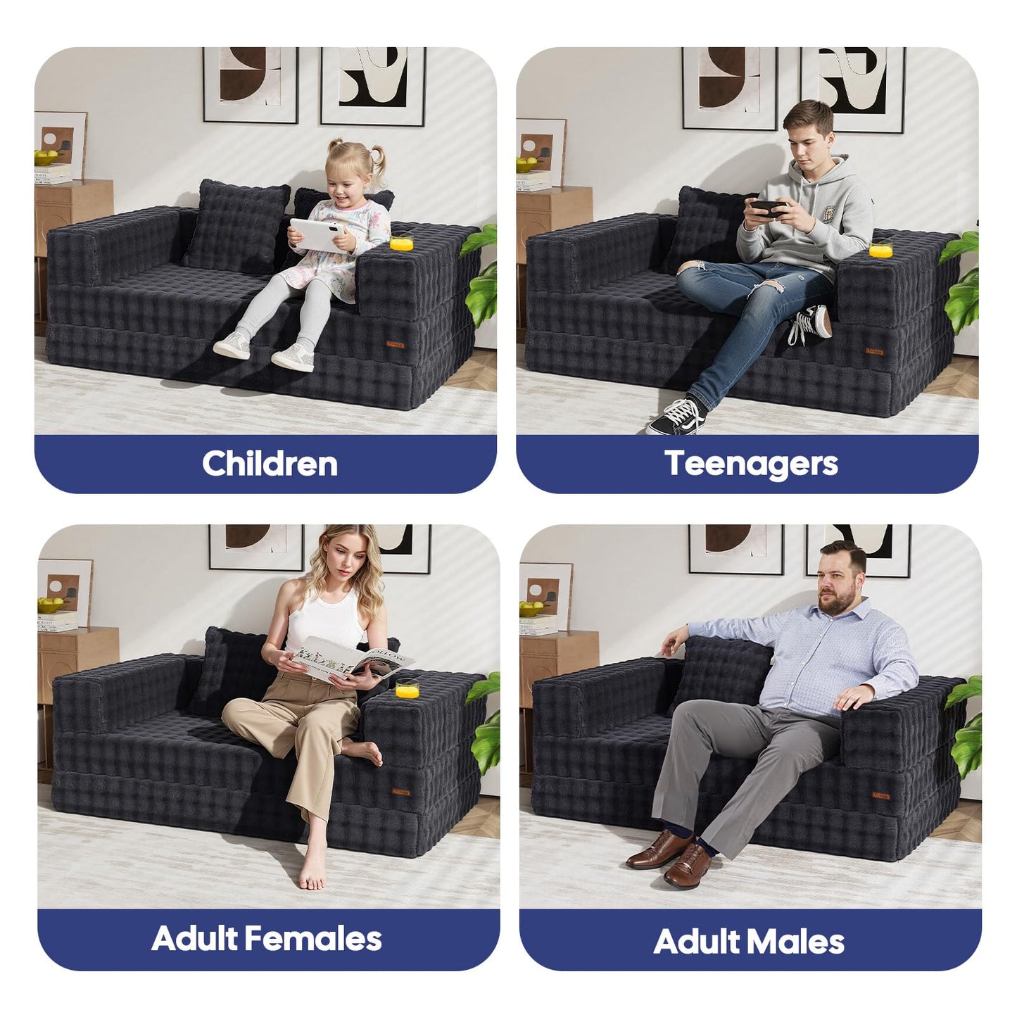 COMAX Futon Sofa Bed, 4‑in‑1 Convertible Sofa Bed, Folding Boneless Couches for Living Room, Fold Out Small Foldable Loveseat Floor Sleeper Comfy Mattress Lounge Space‑Saving, Ash Gray