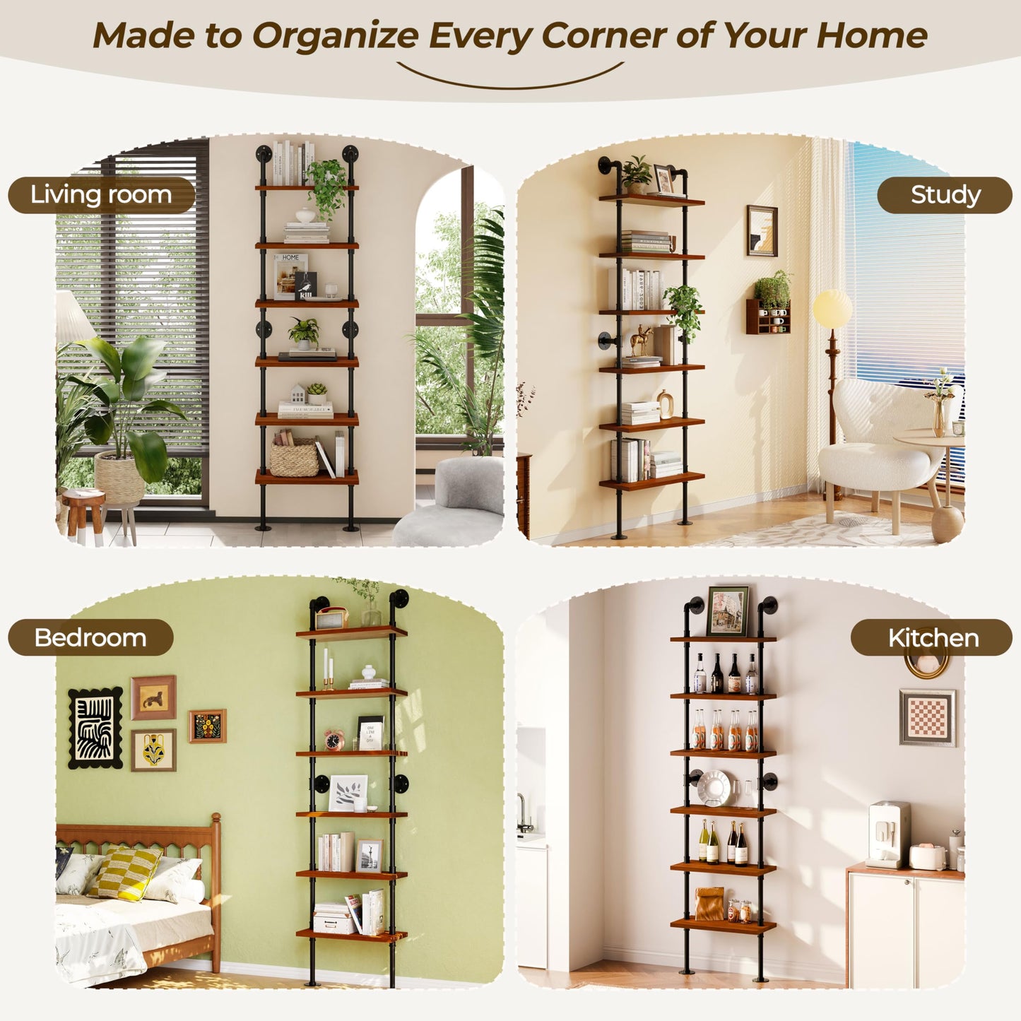 Anynice Industrial Ladder Pipe Shelves, Wall Mounted Rustic Bookshelf, Retro Metal Wood Bookcases (Walnut, 6 Tier - 10" D x 24" W x 82.5" H)