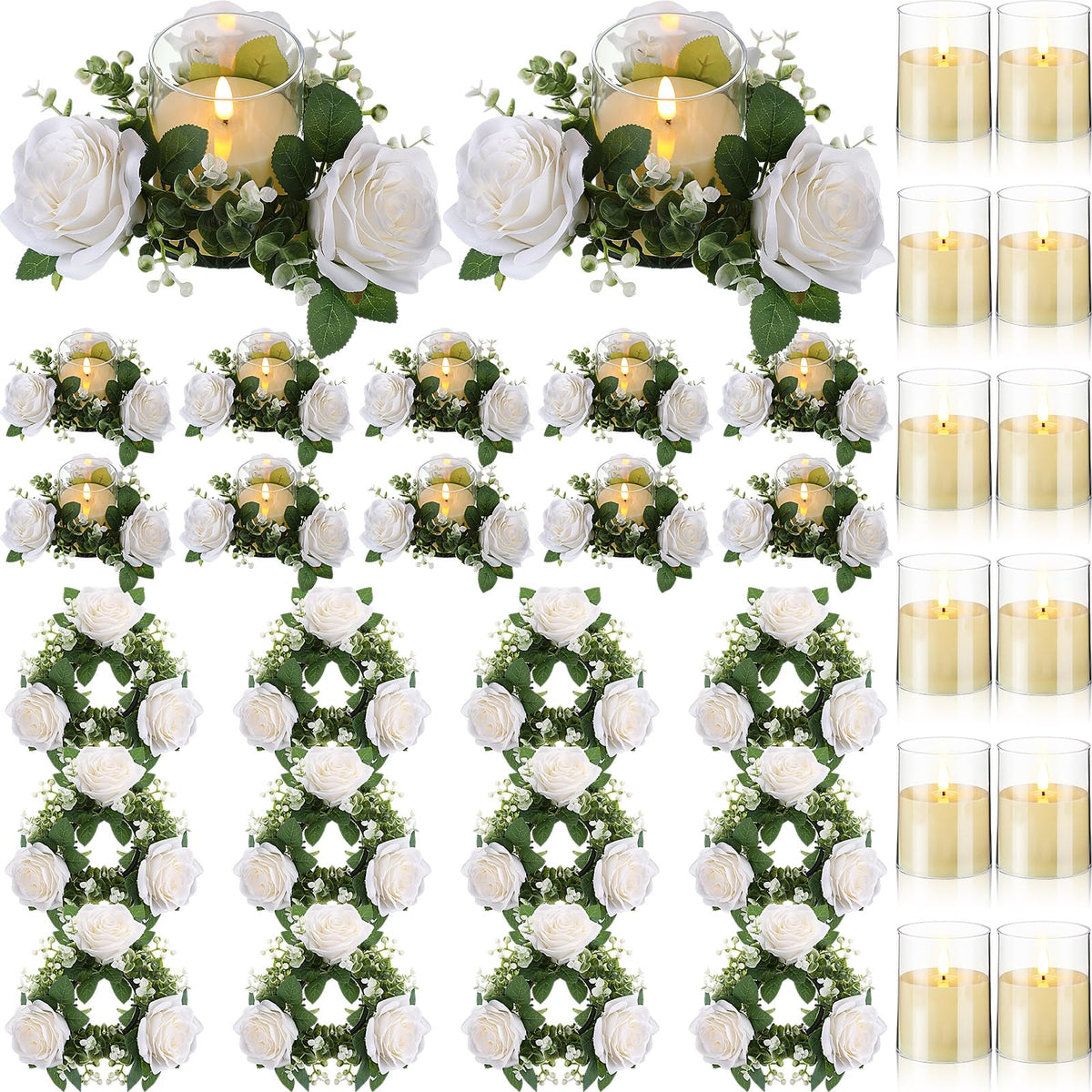 Yunlly 12 Pcs Rose Candle Rings with Flameless Candles Sets, Artificial Flower Eucalyptus Wedding Centerpiece 3 Inch Pillar Candleholders Wreaths for Wedding Party Mother's Day (White)