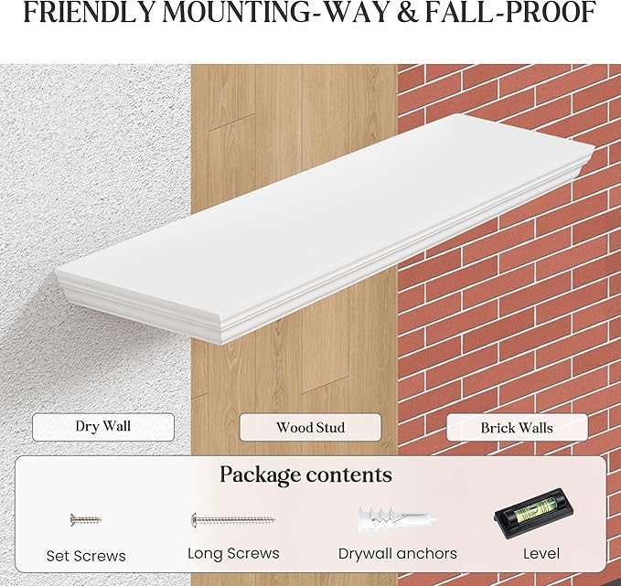 Fun Memories Floating Shelves 40 Inch Long, 9.3 Inch Deep Classic Crown Molding