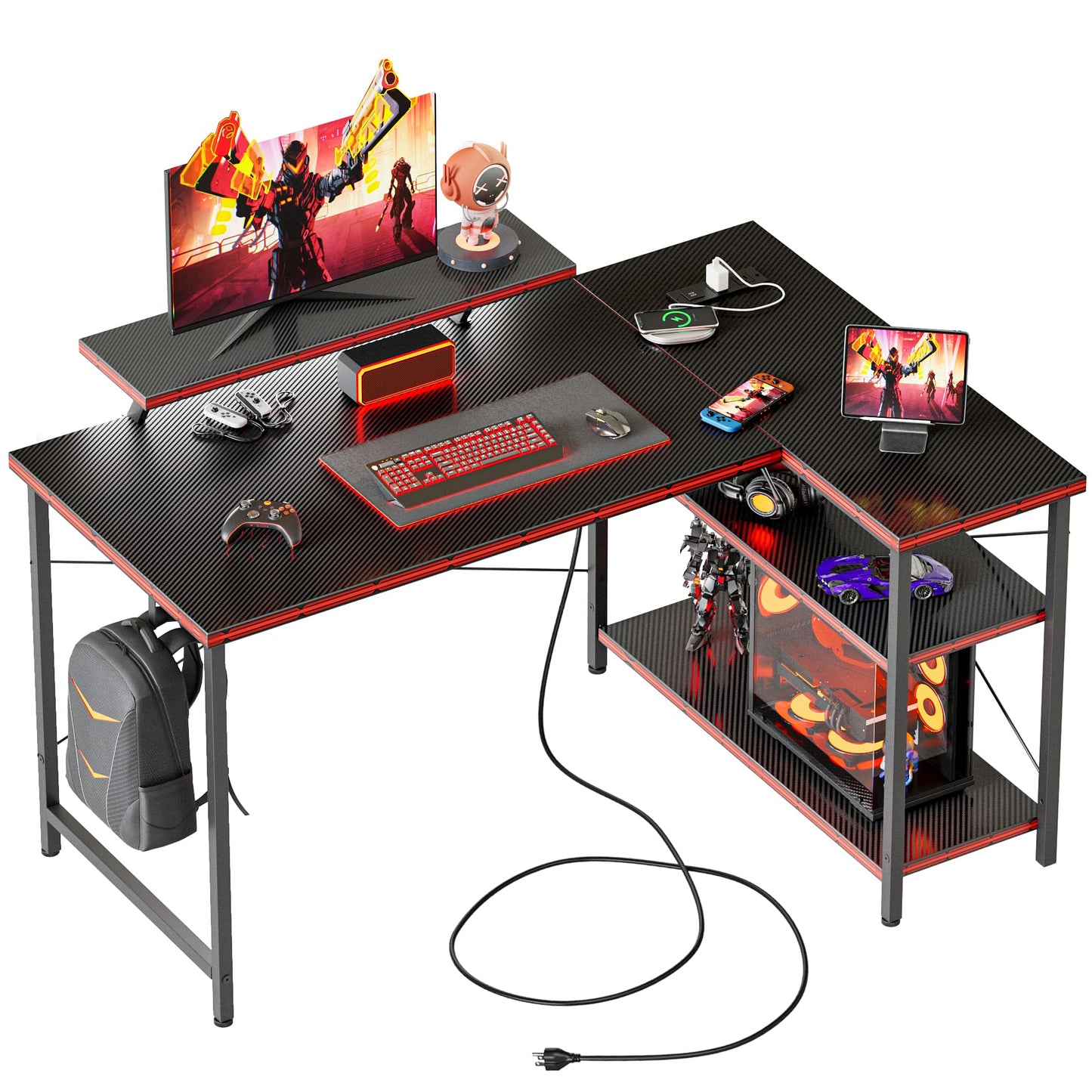 Mericonia Small L Shaped Computer Desk with Power Outlets, Reversible Gaming Desk with Storage Shelves & Monitor Stand, Corner Gamer Desk Table, Study Writing Table