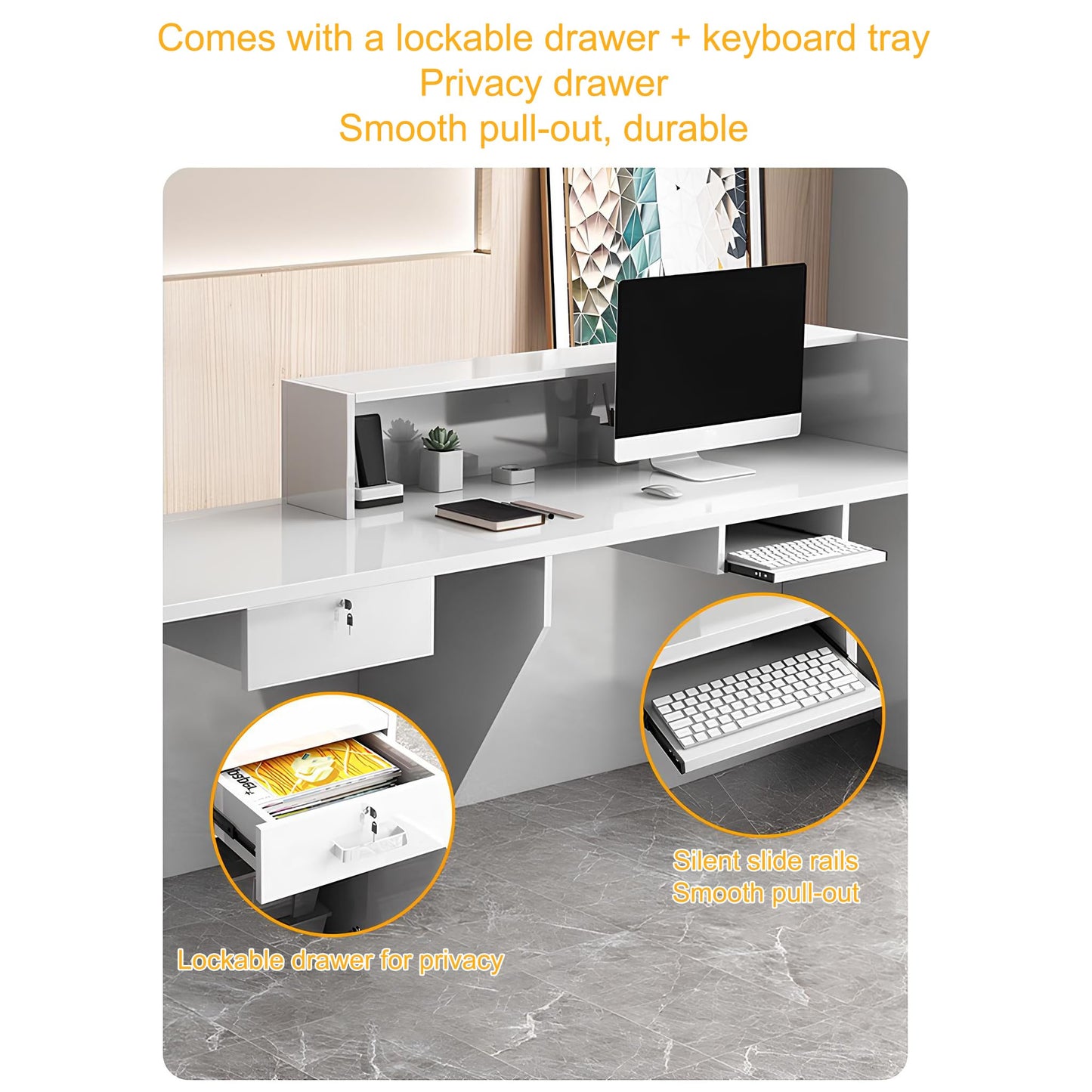 Modern Reception Desk with Counter, Lockable Drawer & Cabinet, LED Light Strip - Stylish Receptionist Station for Office, Salon, Boutique, Lobby & Shop
