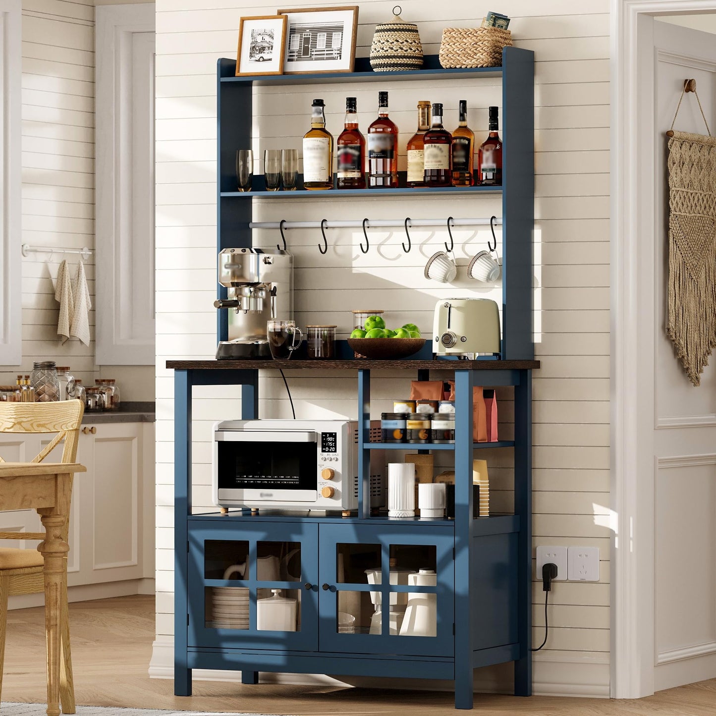 ChooChoo Farmhouse Coffee Bar Cabinet with Storage, Bakers Rack with Power Outlets, Microwave Stand Kitchen Cabinet with Hutch and 6 Hooks, Blue