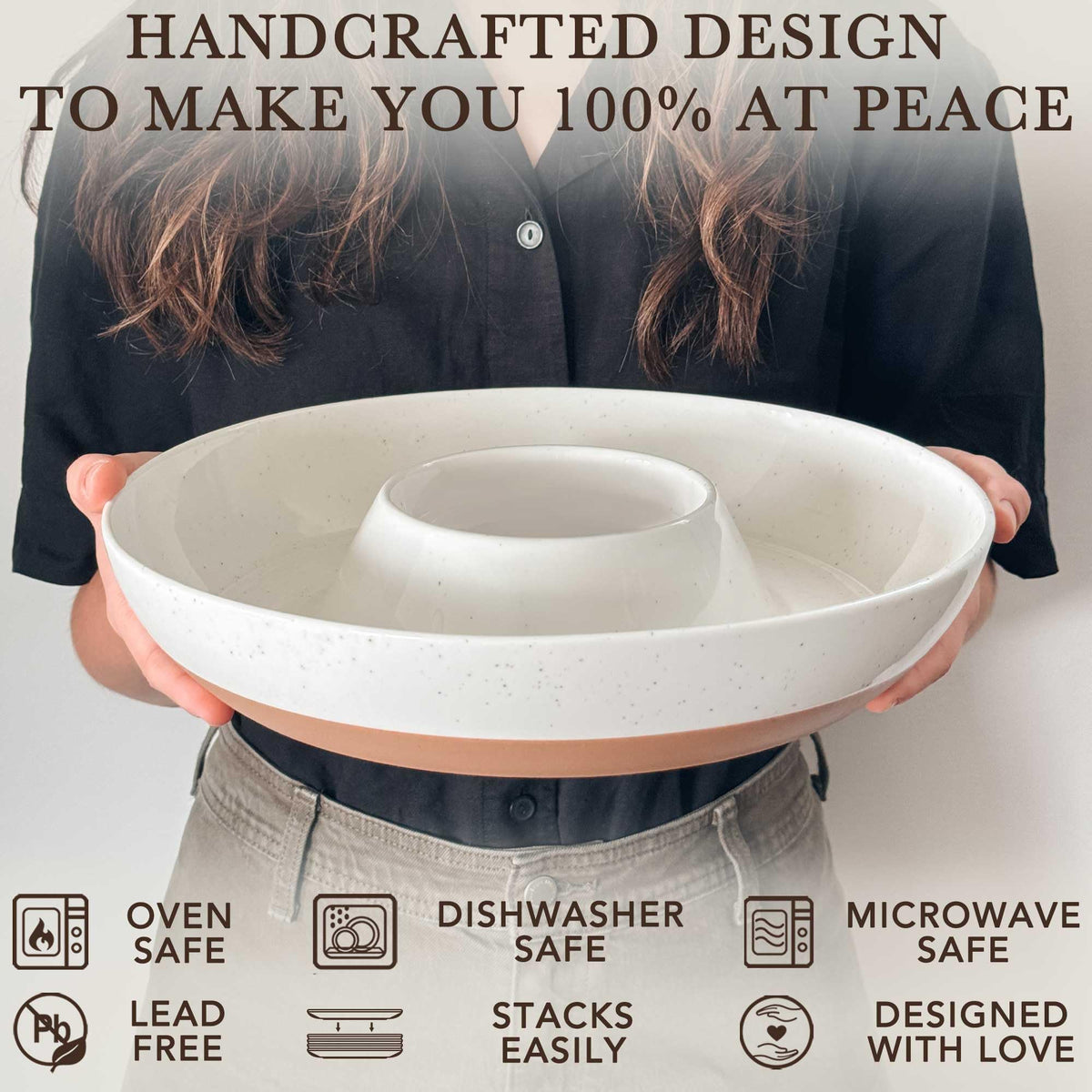 Mora Ceramic Chips and Dip Serving Tray: Large Divided Party Bowl Set for Chips & Salsa, Veggies & Dip, Fruit, Snacks, Entertaining, Hosting, etc. Minimalist Design for the Modern Hostess - White