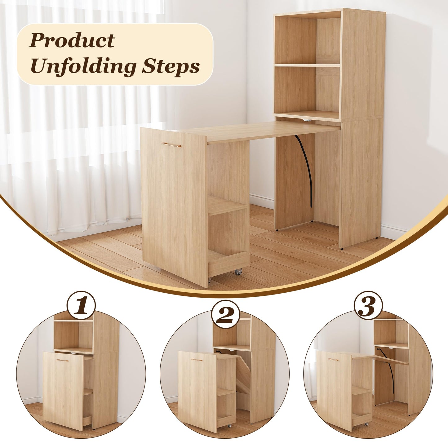 Stretchable Desk, Office Desk with Storage Shelves and Mobile Wheels, Foldable Desk Suitable for Small Apartments and Offices, White (Natural Wood)