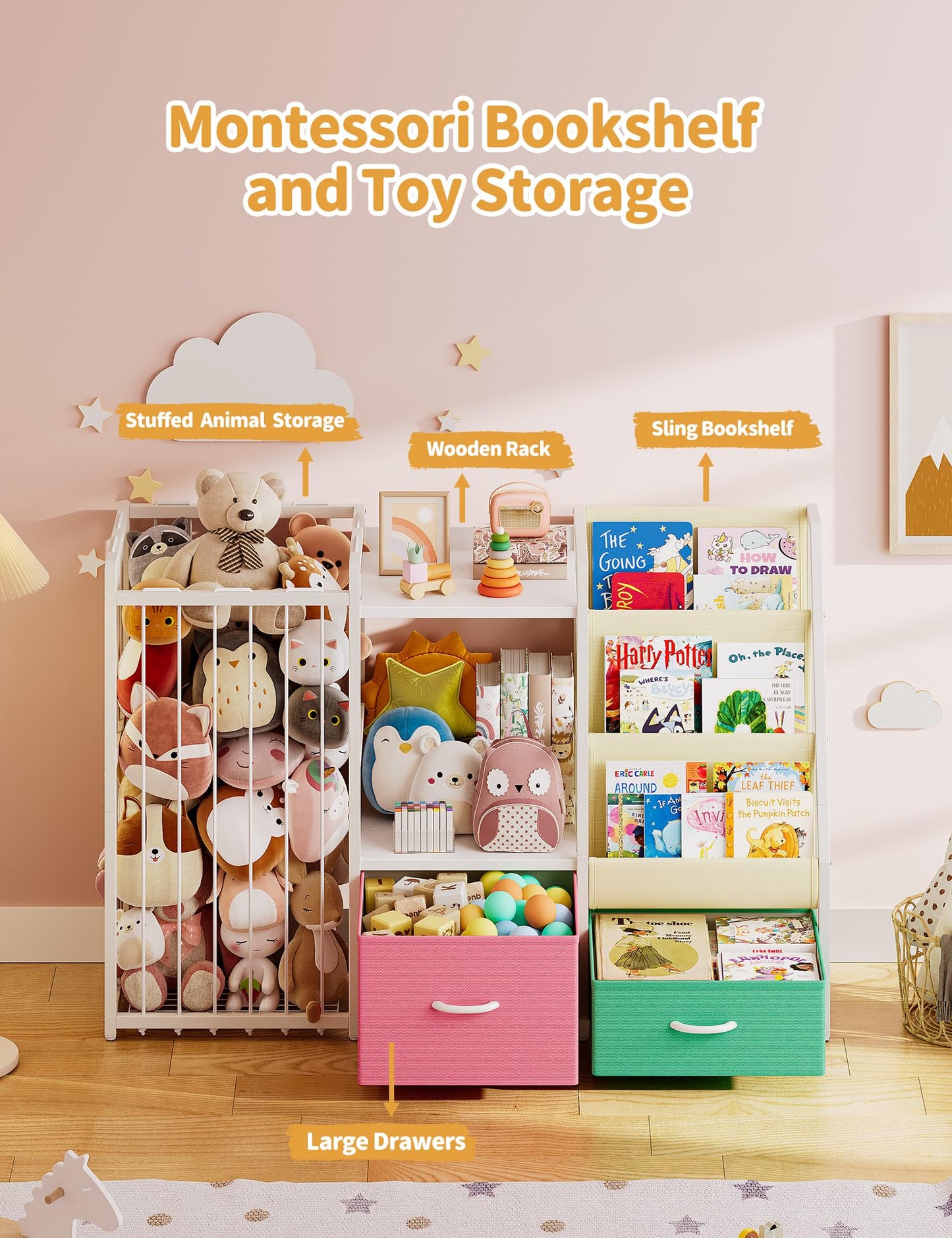 Twinkoo Kids Bookshelf and Toy Storage, Large 3 Tier Book Shelf for Kids Rooms, Sling Baby Bookcase with Stuffed Animal Storage, Toddler Montessori Bookshelf (Pink&Green, 3 Column)