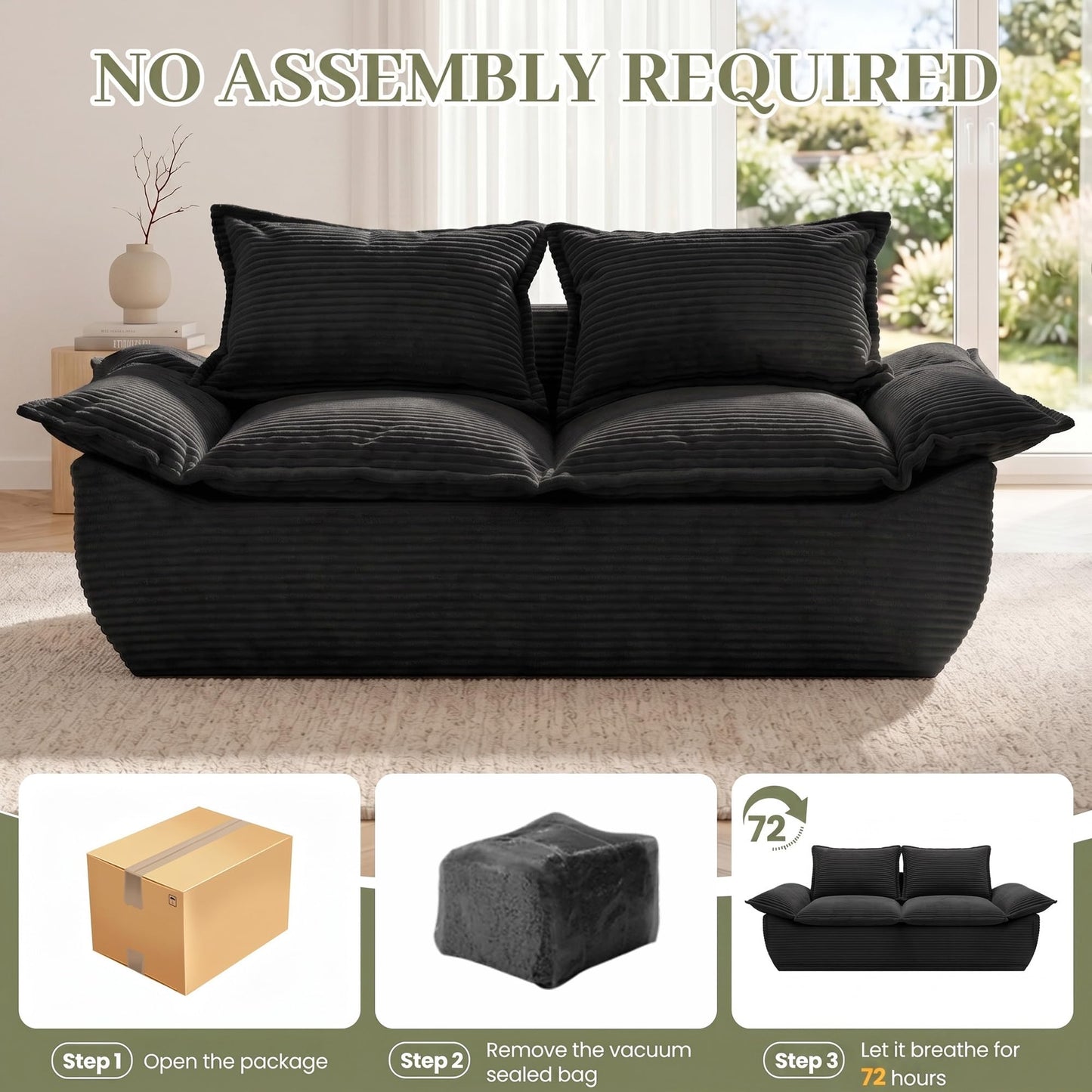 JUIKURY 55" Convertible Corduroy Sofa Bed, Boneless Foldable Loveseat Sleeper Couch, Compressed Foam Floor Sofa with Removable Cushions & Pillows for Small Space Living Room