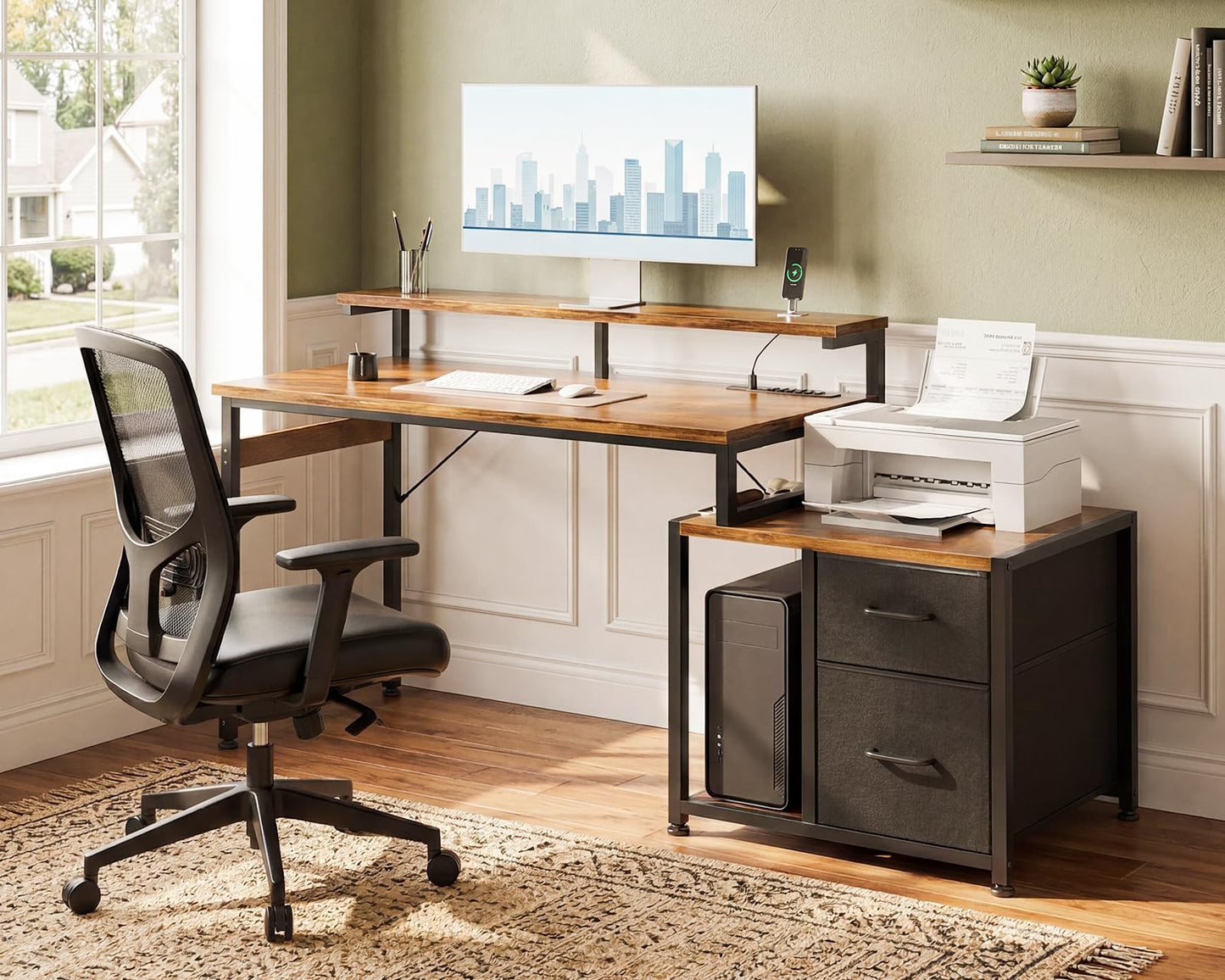 AODK Computer Desk with Printer Shelf, 55 Inch Office Desk with Drawers & Power Outlet, Rustic Brown