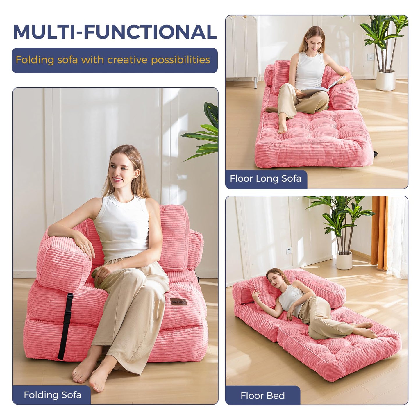 MAXYOYO Convertible L Shape Corner Sleeper Chair with Pillow Portable Fold Out Chair Bed, Floor Sofa Lounge for Living Room Bedroom, Pink