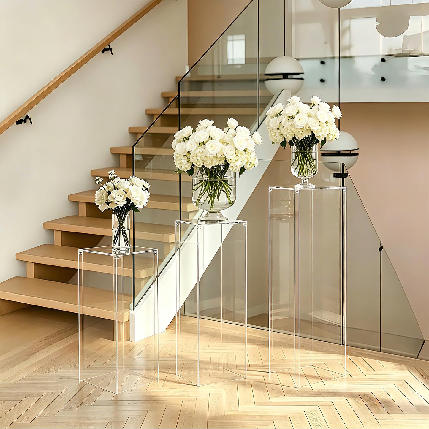 Vincidern 3PCS Acrylic Pedestal Stand for Party, Clear Square Display Plinth Pillar Stand for Wedding Cake Stand, Flower Holder, Sculpture Display, Art Gallery Home Decor (31.5"/27.6"/23.6" H)