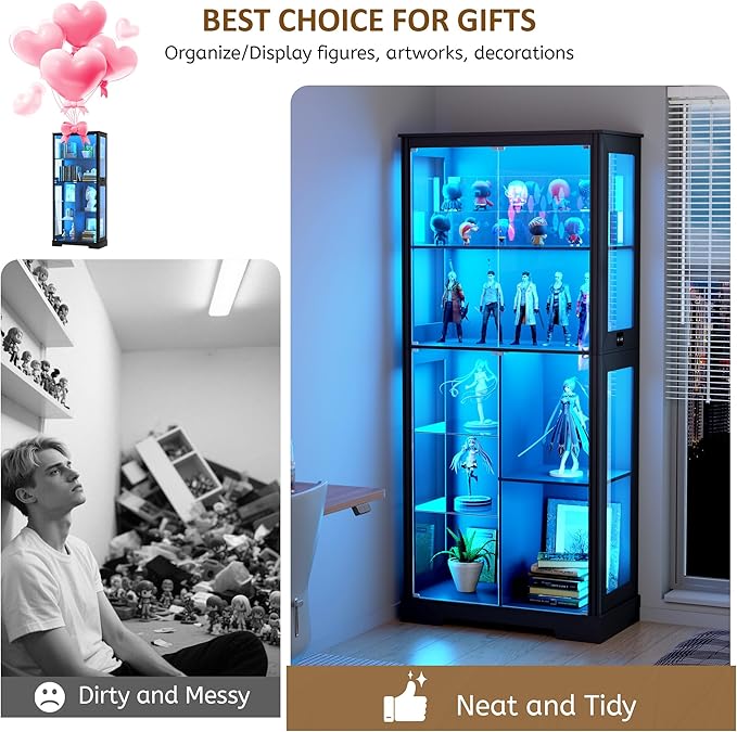 71” Display Cabinet with Glass Doors, Modern Curio Cabinet with 3 Color Lights