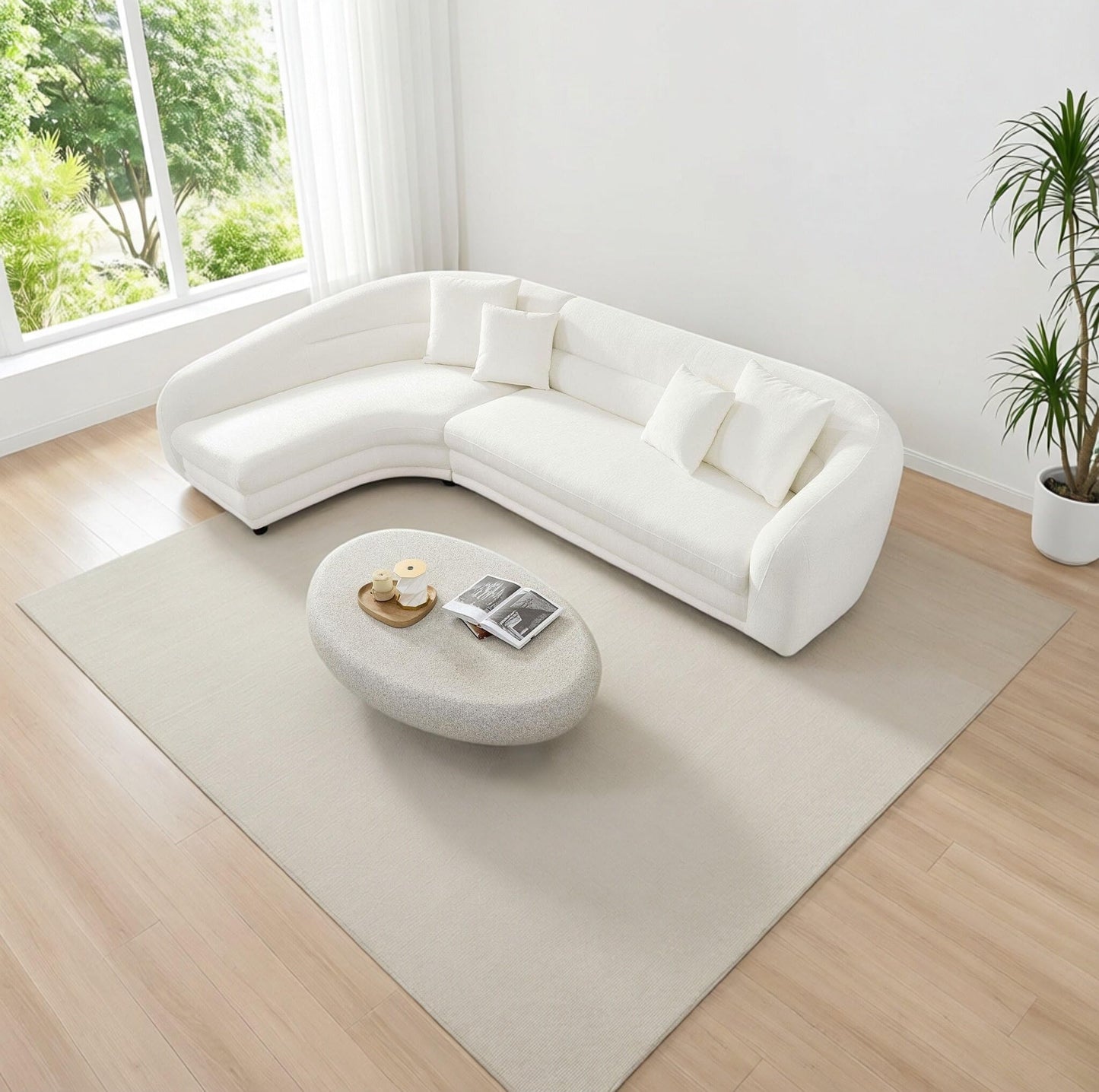 BBTJOINT Contemporary Living Room Set Including Oval Coffee Table, Curved Sectional Sofa, Crisp White Chennile L-Upholstery L-Shaped Couch,