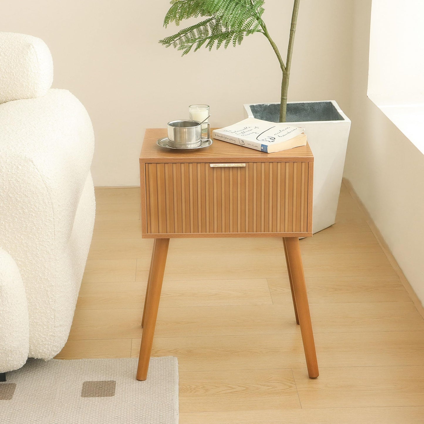 AWASEN Fluted Nightstand, Small Bedside Table with Storage Drawer, Accent End Table Living Room for Bedroom and Small Space, Brown
