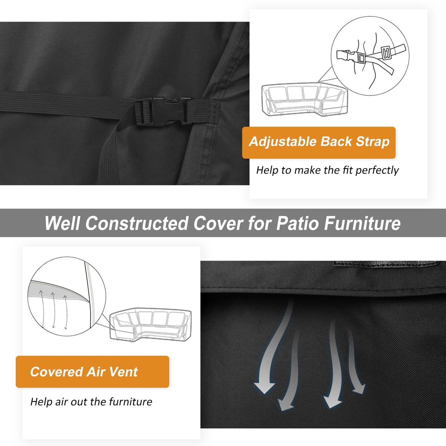 NettyPro Outdoor Sectional Sofa Cover 92 Inch, 600D Heavy Duty Waterproof Patio Lawn Furniture V-Shaped Lounge Set Couch Cover, Black