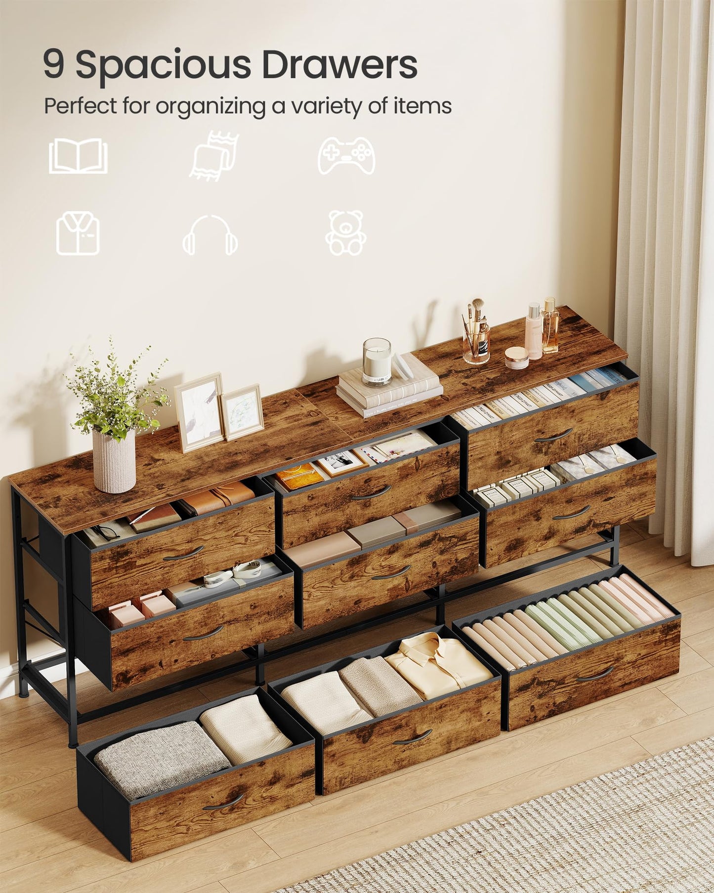 SONGMICS BELLAH Collection - Dresser for Bedroom, TV Stand for TVs Up to 70 Inches, Chest of Drawers for Living Room, Closet, Steel, 9 Drawers, Industrial, Rustic Brown and Ink Black ULGS233KD02S