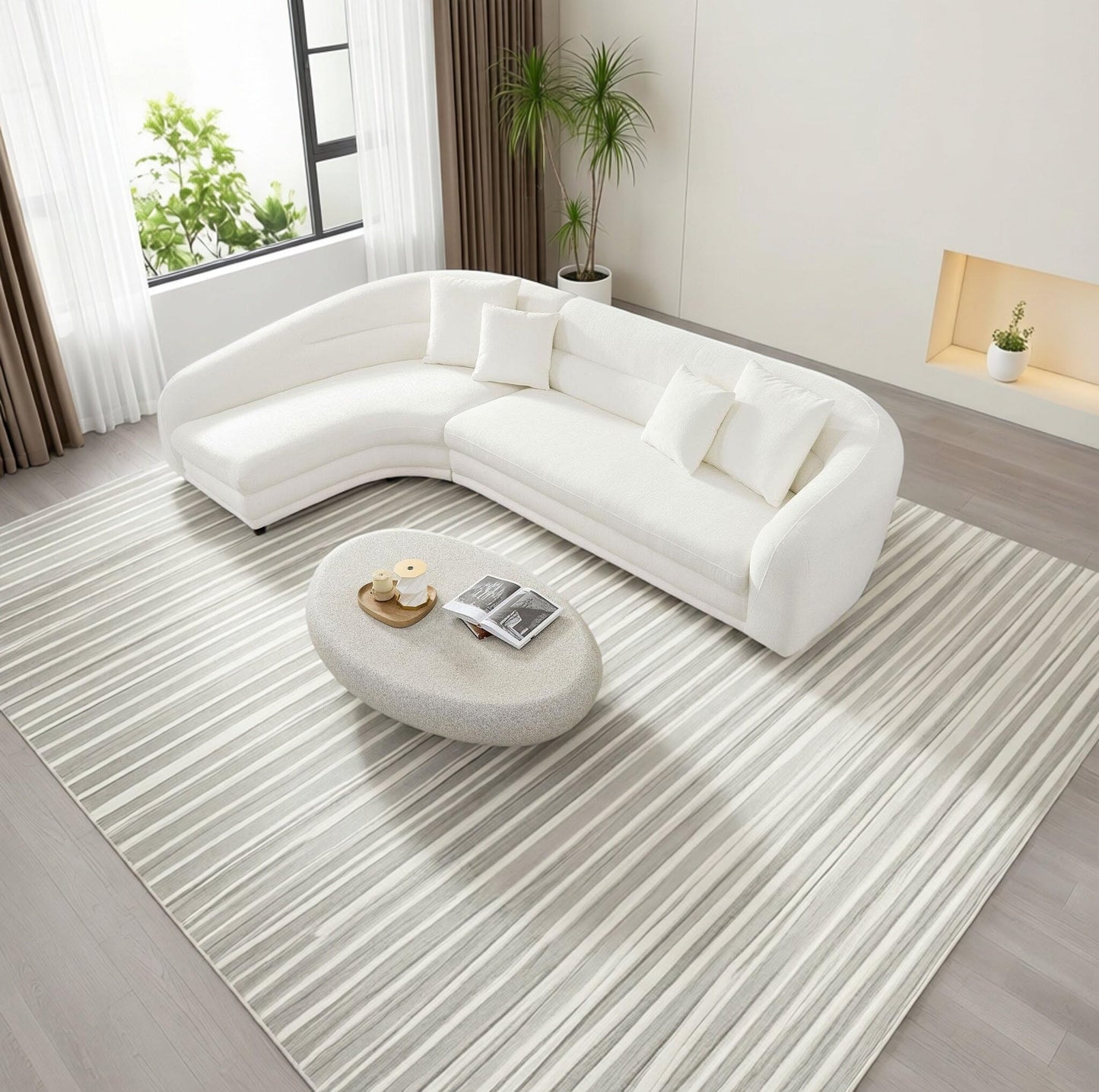 BBTJOINT Contemporary Living Room Set Including Oval Coffee Table, Curved Sectional Sofa, Crisp White Chennile L-Upholstery L-Shaped Couch,