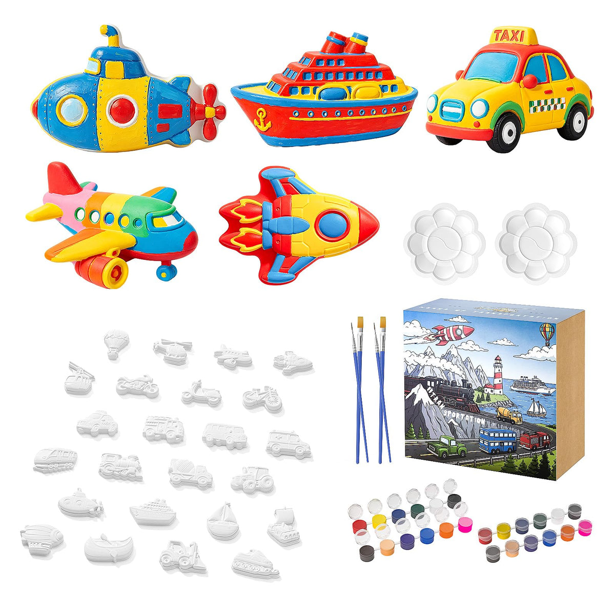 GloomGlo 24 Pcs Transportation Theme DIY Ceramic Painting Kit,Unpainted Plaster Vehicles Arts and Crafts with Complete Paint Set, Brushes & Palettes for Kids and Adults, Children Birthday Gifts