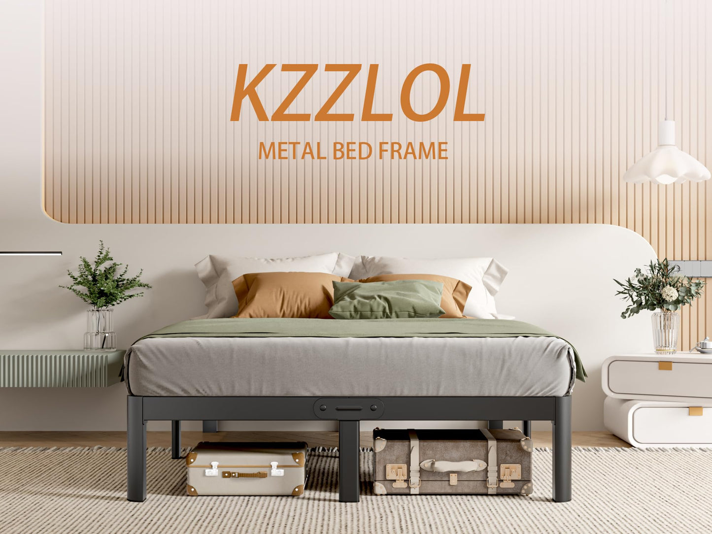 KZZLOL Full Size Bed Frame 16 Inch, Metal Platform Full Bed Frame No Box Spring Needed, DIY Headboard Hole, Heavy Duty Steel Support 3500 LBS, Noiseless, Round Leg, Storage Space, Easy Assembly, Black
