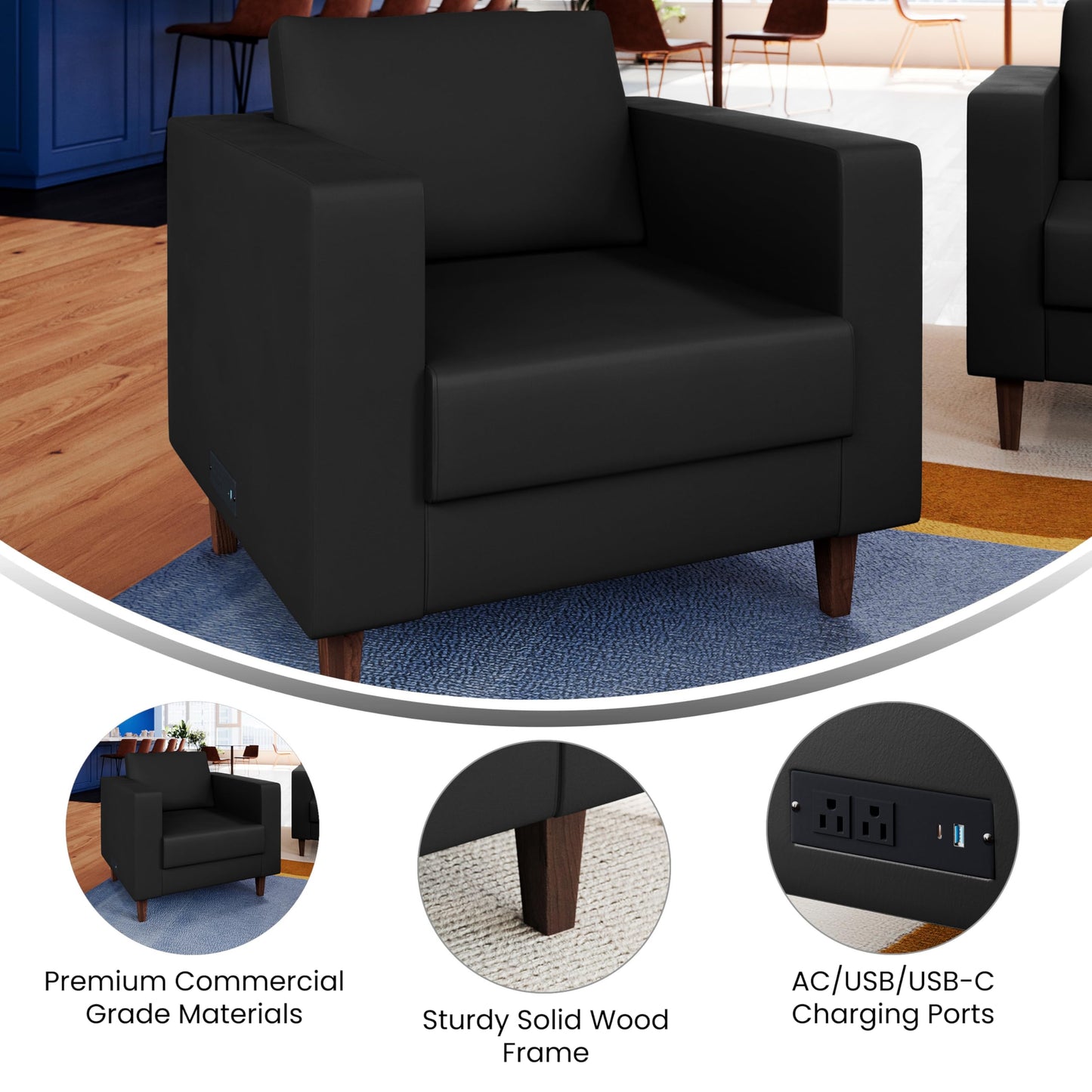 Flash Furniture Hercules Artemis Commercial Chair for Reception and Lobby Use with Solid Wood Legs, 2 Outlets, 1 USB, and 1 USB-C Ports, Black LeatherSoft