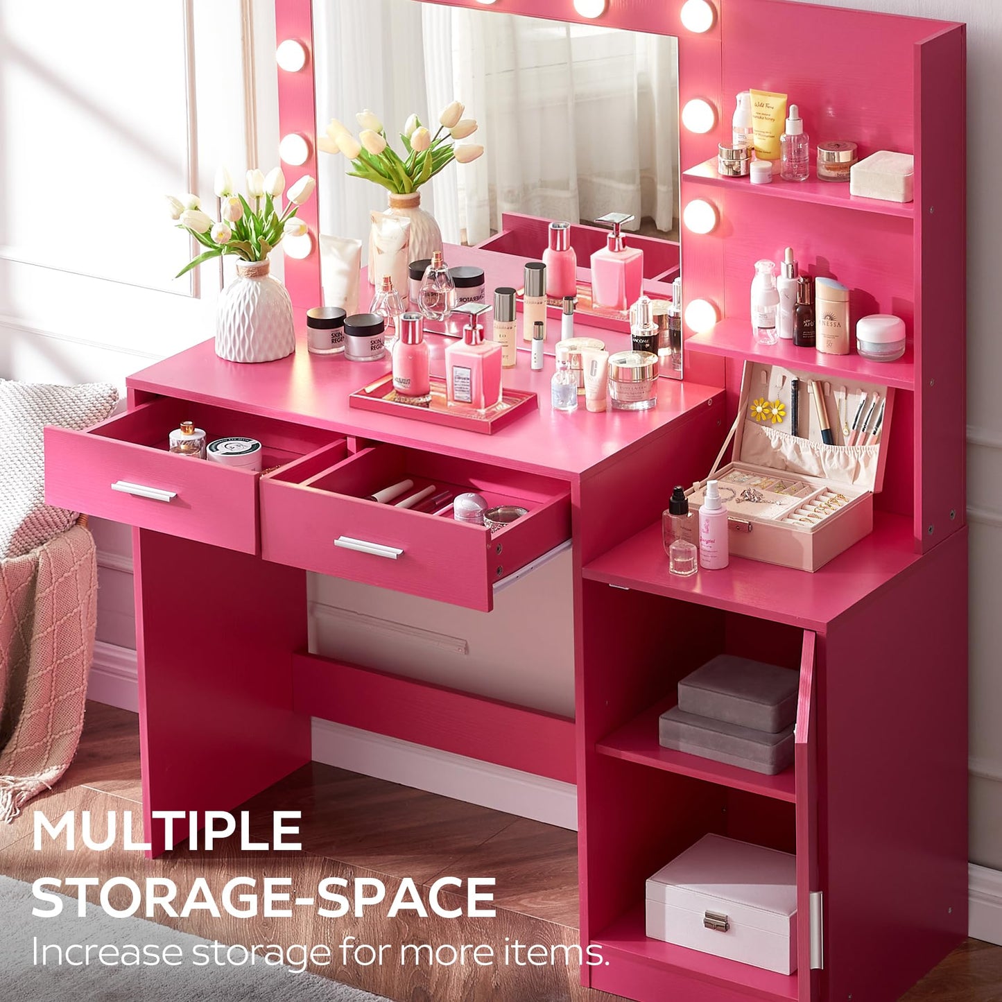 MIRROTOWEL 46.7" Vanity Desk with Mirror & LED Lights, Dressing Table with 2 Large Drawers & Vertical Organizer, 3-Tier Storage, 3 Adjustable Lighting Modes, Makeup Desk for Bedroom