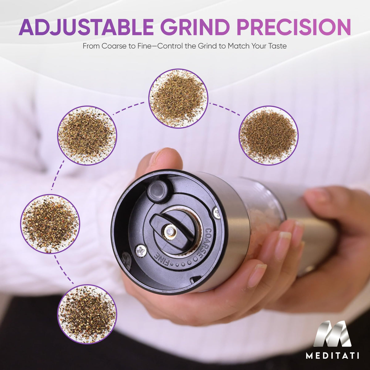 Meditati Rechargeable Automatic Salt and Pepper Grinder Set - One Hand Operation with LED Light for Precise Seasoning - Adjustable Coarseness with Ceramic Core - Set of 2