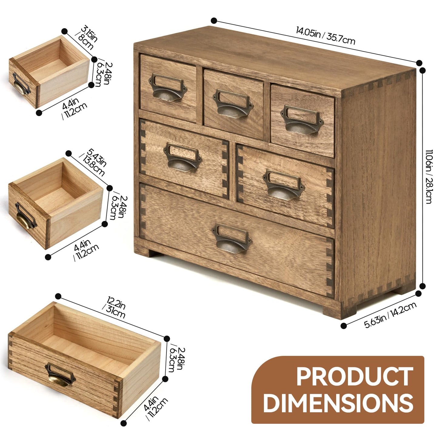 KIRIGEN Wood Desk Drawer Cabinet Organizer, 6-Drawer Mini Storage Chest with Metal Label Holder Handles, Fully Assembled Desktop Organizer for Office Supplies, Crafts, Makeup, Brown 3D6CG-DBR