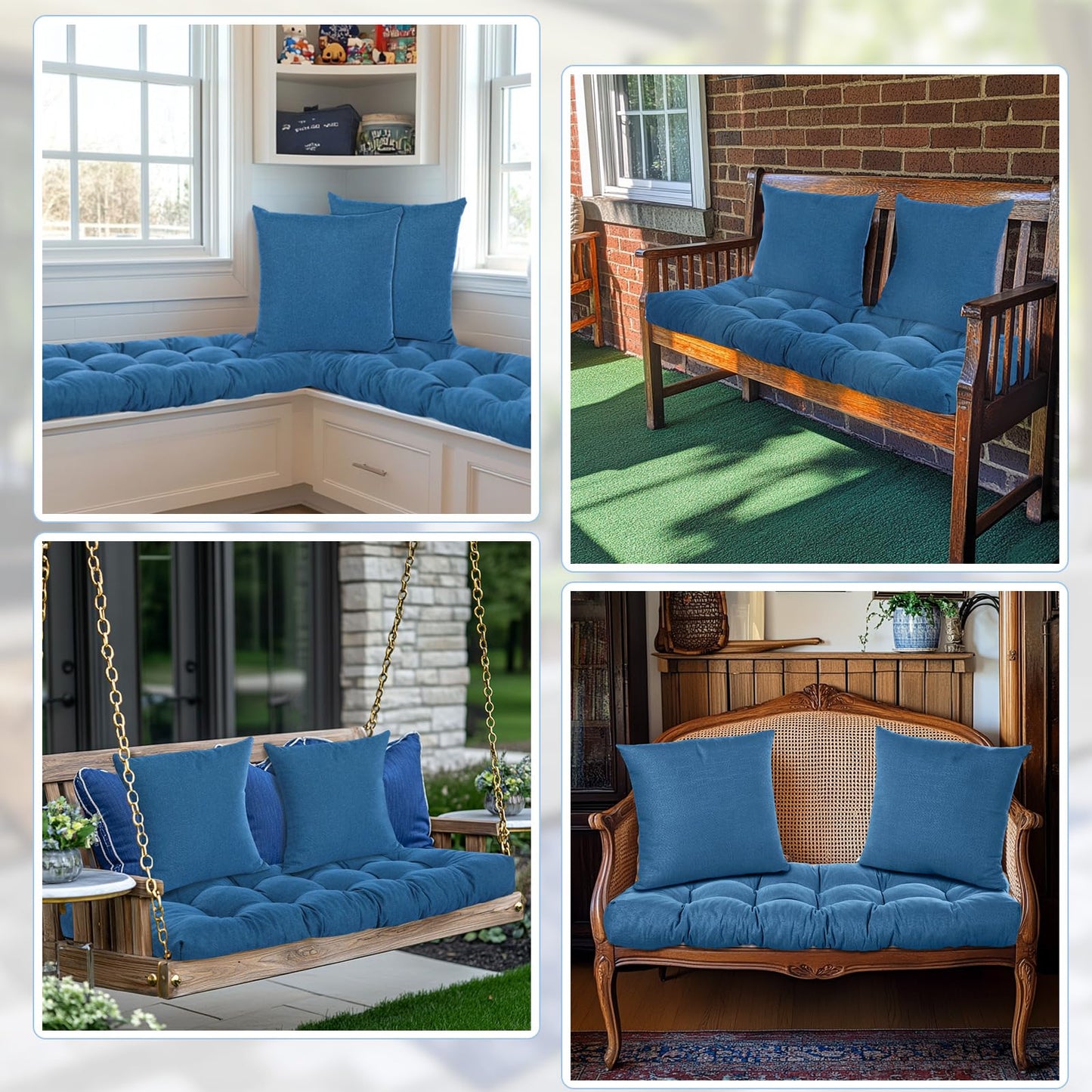 Wenqik 3 Pcs Outdoor Bench Cushion Set 44x19 in Waterproof Tufted Patio Cushion Loveseat Seat Pad with 2 Throw Pillows Memory Foam Settee Pad for Indoor Sofa Wicker Couch Window Seat(44x19 in,Blue)