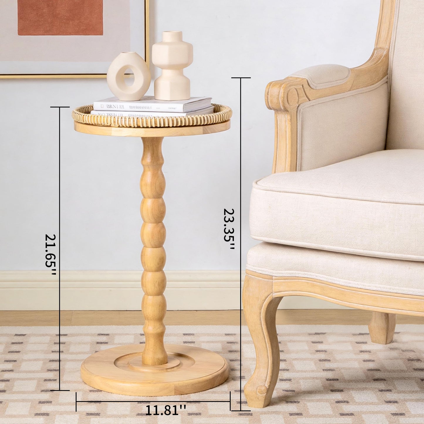 2 Pack Rattan Round Side Table, Rubberwood‌ Small Drink Table for Small Spaces, Solid Wood Pedestal Coffee Tables, End Tables for Living Room, Sofa Couch, Bedroom, Corners, and Outdoor (Natural)