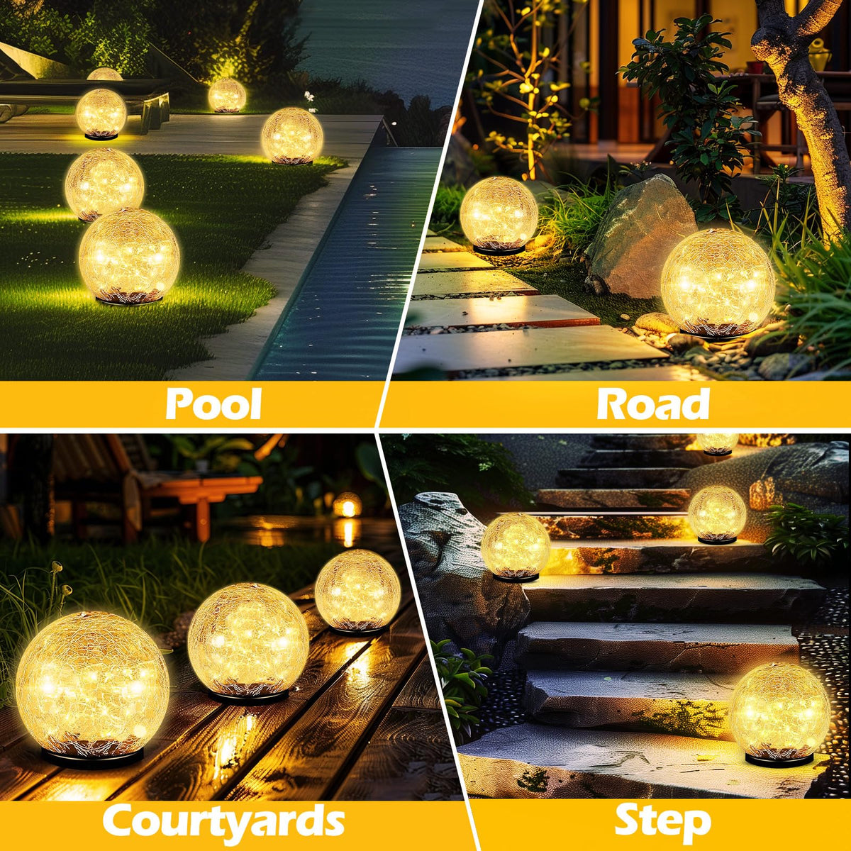 Coroor Garden Solar Ball Lights Outdoor Waterproof, 80 LED Cracked Glass Globe Solar Power Ground Lights for Path Yard Patio Lawn, Halloween Christmas Decoration Landscape Warm White(2 Pack 5.9'')