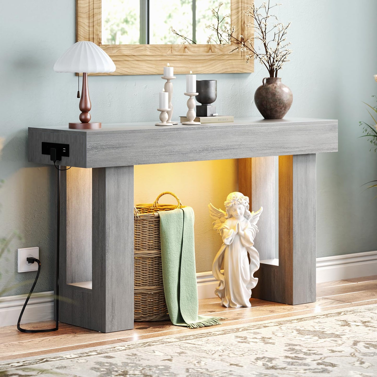 Unikito 47" Entryway Table with Socket and Sensor Light, Narrow Console Table with Storage Behind Couch, Farmhouse Entry Way Tables with Open Storage for Entrance/Hallway/Living Room, White Oak