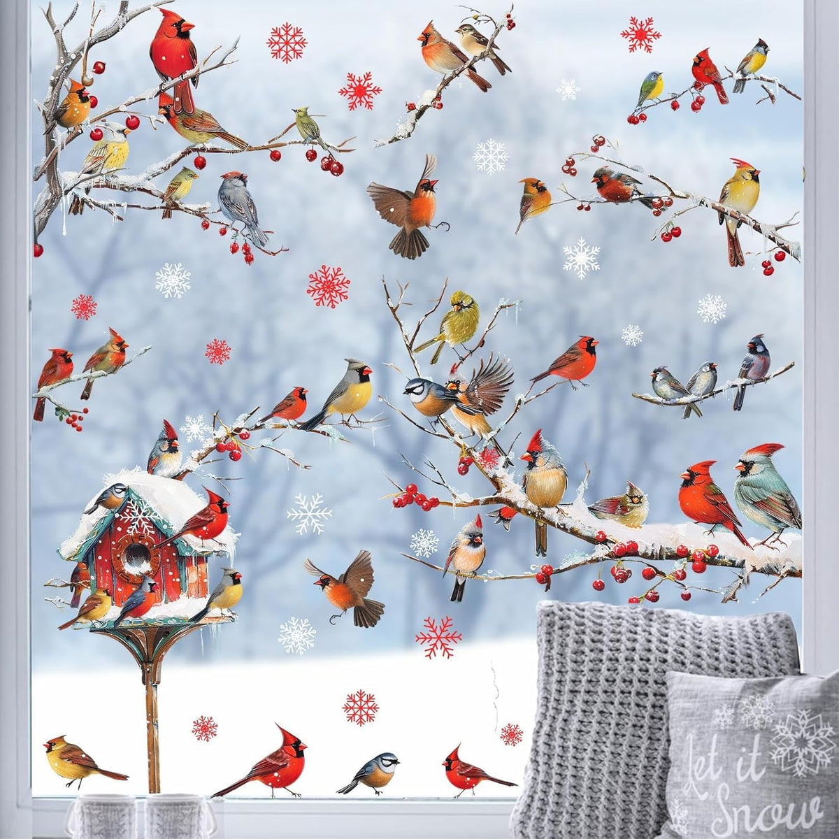 Winter Window Stickers Christmas Window Clings Double-Sided Xmas Sticker for Indoor Outdoor Decor Winter Birds Tree Branch Windows Decals for New Year Christmas Holiday Party Living Room Home Decor