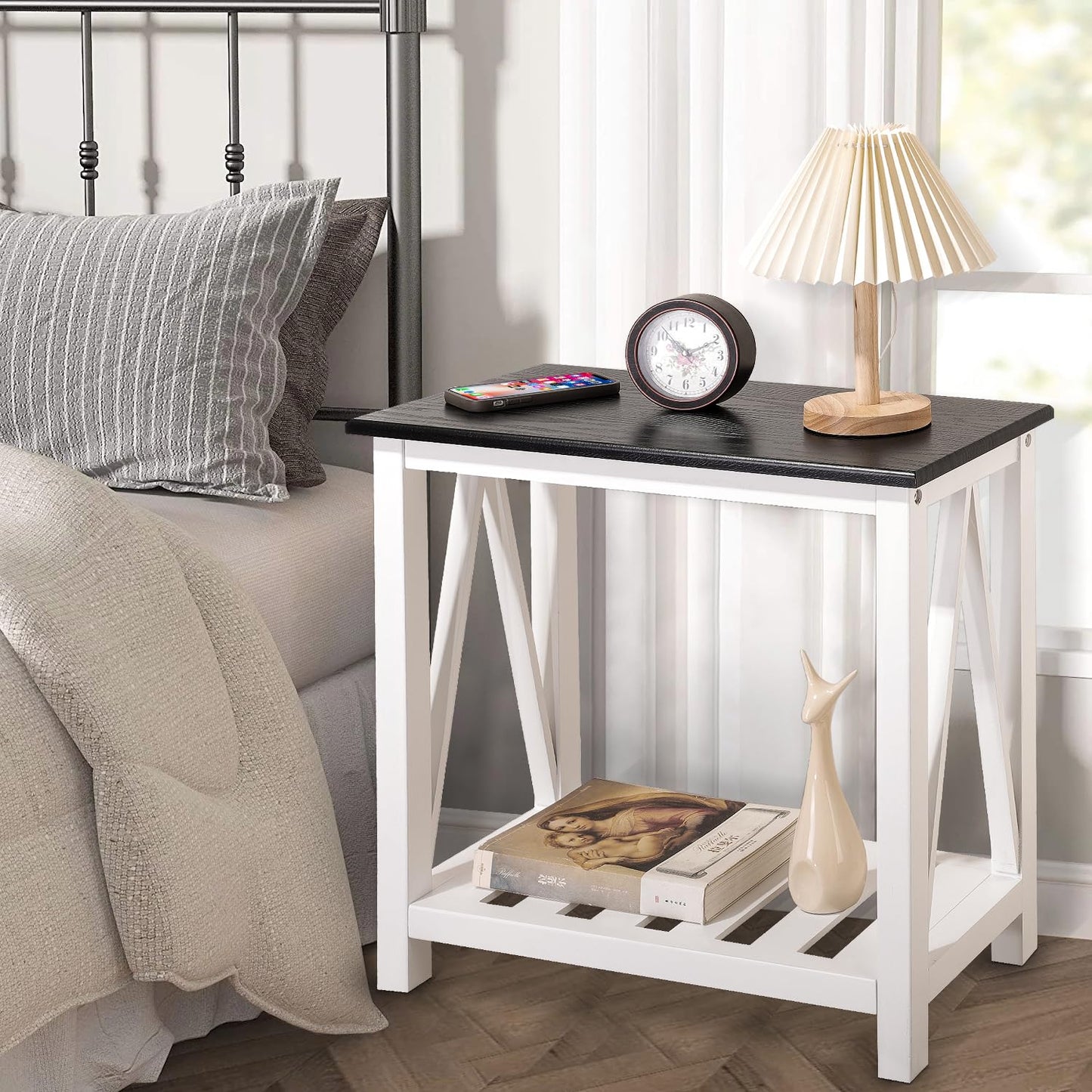 FEUFOAM Farmhouse End Side Table Wood Frame Narrow Side Table with Shelves Black White Rectangular Night Stand Sofa Table for Couch, Small Spaces, Living Room, Bedroom
