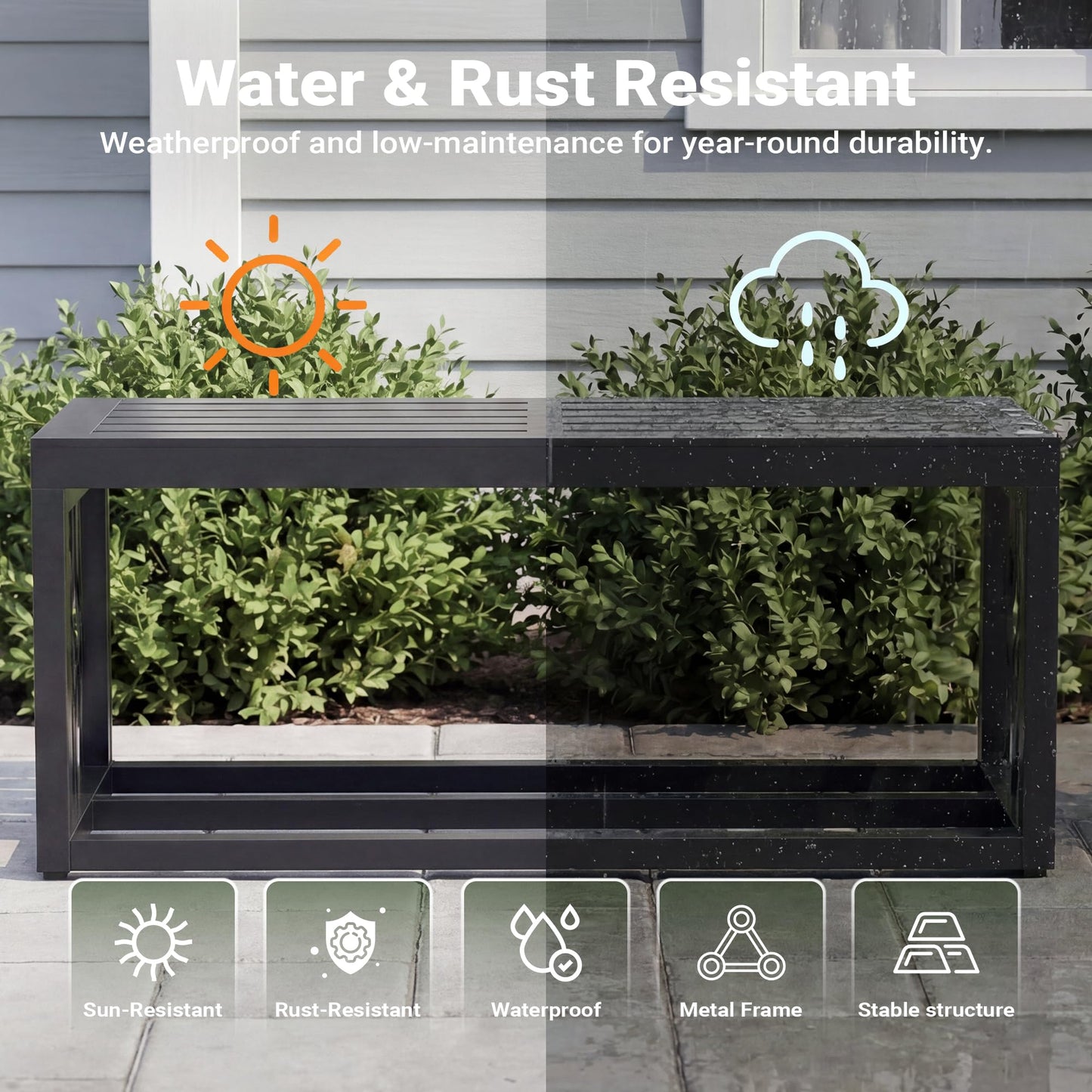 Orbotots 37" Outdoor Garden Bench with Storage Shelf, Modern Black Entryway Bench, Wood-Grain HDPE Seat, Galvanized Steel Frame with Powder Coating for Porch, Yard, Patio, Tree